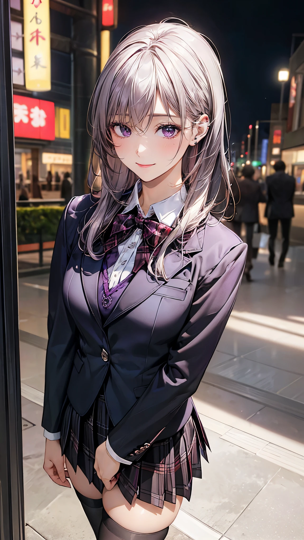 (masterpiece:1.2, top-quality), (realistic, photorealistic:1.4), beautiful illustration, (natural side lighting, movie lighting),
looking at viewer, fullbody, 1 girl, japanese, high school girl, perfect face, cute and symmetrical face, shiny skin, babyface,
(middle hair, straight hair, dark pink head band, silver hair), hair between eyes, dark purple eyes, (middle breasts, seductive thighs, big ass), piercings,
beautiful hair, beautiful face, beautiful detailed eyes, beautiful clavicle, beautiful body, beautiful chest, beautiful thigh, beautiful legs, beautiful fingers,
(((dark purple blazer, close clothes), white collared shirt, black plaid pleated miniskirt, dark red flat bow tie), black pantyhose),
(beautiful scenery), evening, (shopping mall), walking, (lovly smile, upper eyes),