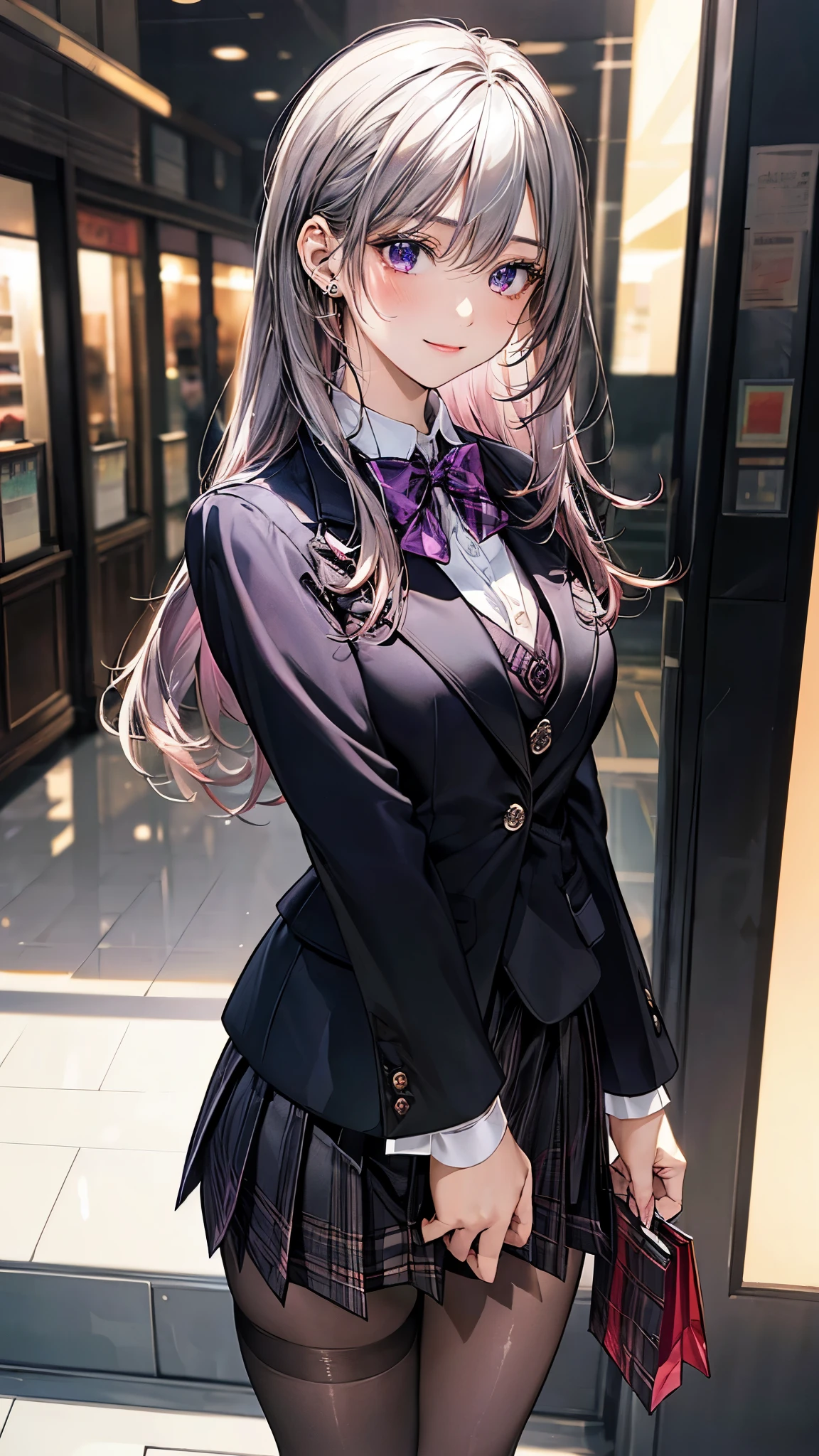 (masterpiece:1.2, top-quality), (realistic, photorealistic:1.4), beautiful illustration, (natural side lighting, movie lighting), 
looking at viewer, fullbody, 1 girl, japanese, high school girl, perfect face, cute and symmetrical face, shiny skin, babyface, 
(middle hair, straight hair, dark pink head band, silver hair), hair between eyes, dark purple eyes, (middle breasts, seductive thighs, big ass), piercings, 
beautiful hair, beautiful face, beautiful detailed eyes, beautiful clavicle, beautiful body, beautiful chest, beautiful thigh, beautiful legs, beautiful fingers, 
(((dark purple blazer, close clothes), white collared shirt, black plaid pleated miniskirt, dark red flat bow tie), black pantyhose), 
(beautiful scenery), evening, (shopping mall), walking, (lovly smile, upper eyes), 