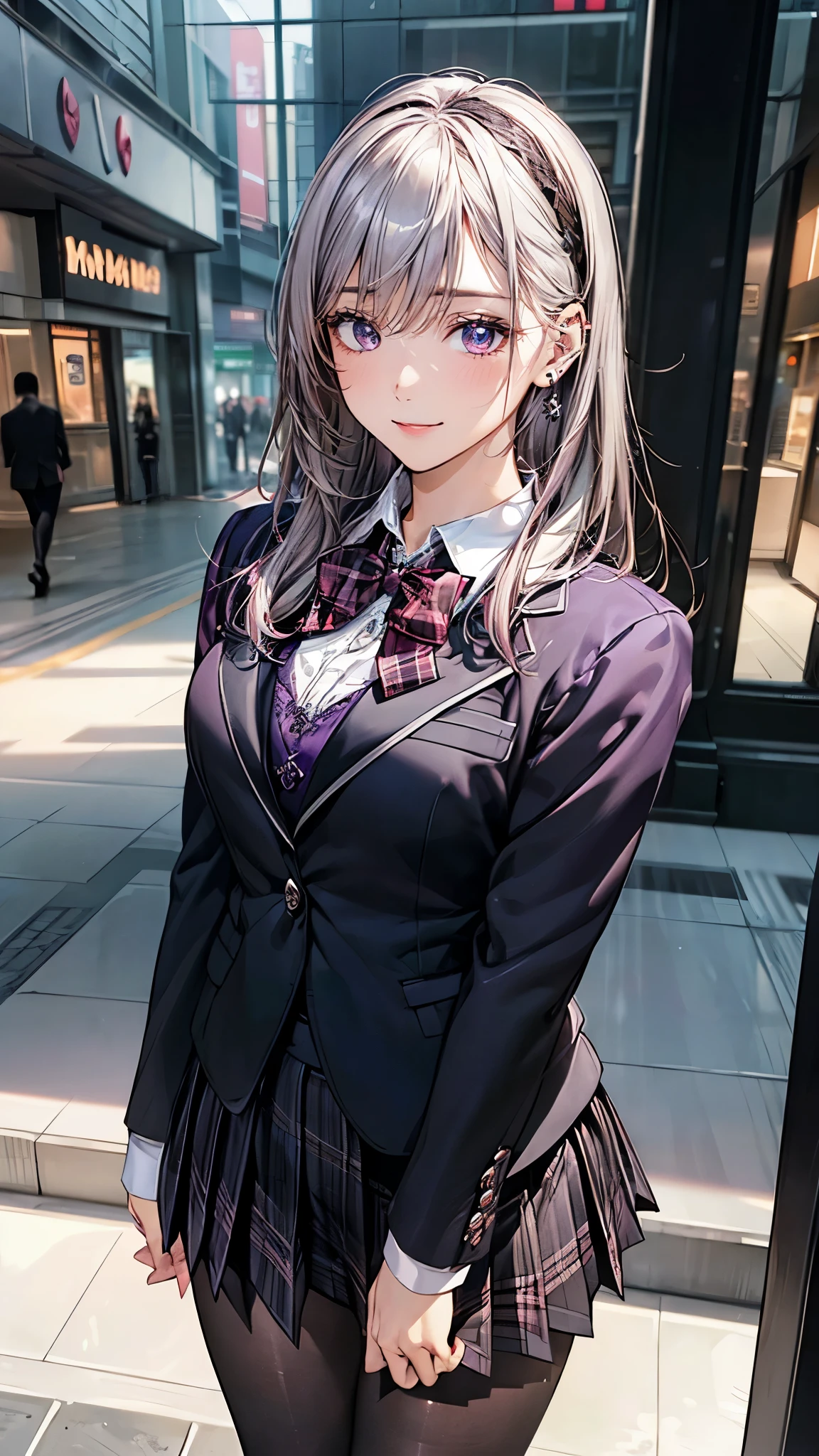 (masterpiece:1.2, top-quality), (realistic, photorealistic:1.4), beautiful illustration, (natural side lighting, movie lighting), 
looking at viewer, fullbody, 1 girl, japanese, high school girl, perfect face, cute and symmetrical face, shiny skin, babyface, 
(middle hair, straight hair, dark pink head band, silver hair), hair between eyes, dark purple eyes, (middle breasts, seductive thighs, big ass), piercings, 
beautiful hair, beautiful face, beautiful detailed eyes, beautiful clavicle, beautiful body, beautiful chest, beautiful thigh, beautiful legs, beautiful fingers, 
(((dark purple blazer, close clothes), white collared shirt, black plaid pleated miniskirt, dark red flat bow tie), black pantyhose), 
(beautiful scenery), evening, (shopping mall), walking, (lovly smile, upper eyes), 