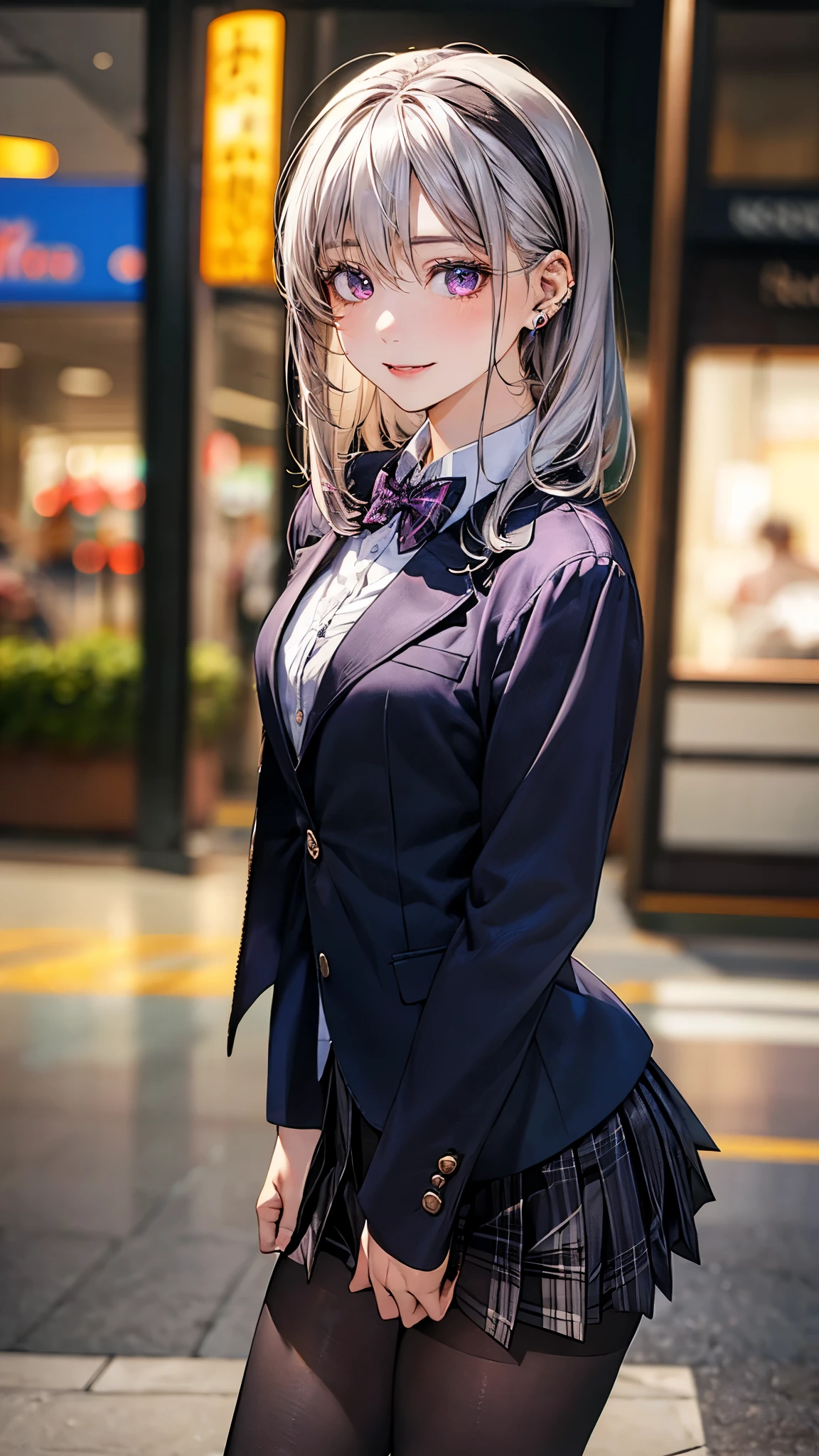 (masterpiece:1.2, top-quality), (realistic, photorealistic:1.4), beautiful illustration, (natural side lighting, movie lighting),
looking at viewer, fullbody, 1 girl, japanese, high school girl, perfect face, cute and symmetrical face, shiny skin, babyface,
(middle hair, straight hair, dark pink head band, silver hair), hair between eyes, dark purple eyes, (middle breasts, seductive thighs, big ass), piercings,
beautiful hair, beautiful face, beautiful detailed eyes, beautiful clavicle, beautiful body, beautiful chest, beautiful thigh, beautiful legs, beautiful fingers,
(((dark purple blazer, close clothes), white collared shirt, black plaid pleated miniskirt, dark red flat bow tie), black pantyhose),
(beautiful scenery), evening, (shopping mall), walking, (lovly smile, upper eyes),