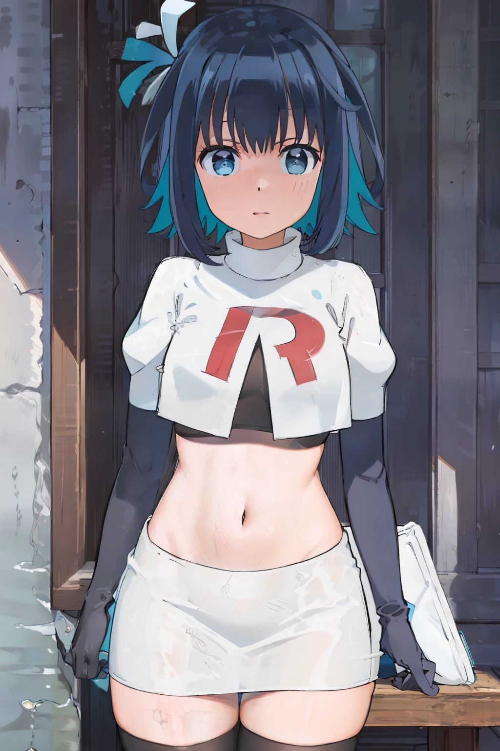 (extremely detailed CG unity 8k wallpaper),(masterpiece),(best quality),(ultra-detailed),(best illustration),(best shadow),(absurdres), Konoha, 1girl, solo, outdoors, looking at viewer, blue eyes, multicolored hair, short hair, blue hair, black hair, two-tone hair, bangs, virtual youtuber, colored inner hair, aqua hair, team rocket,team rocket uniform,white skirt,red letter R,crop top,black thigh-highs,black elbow gloves