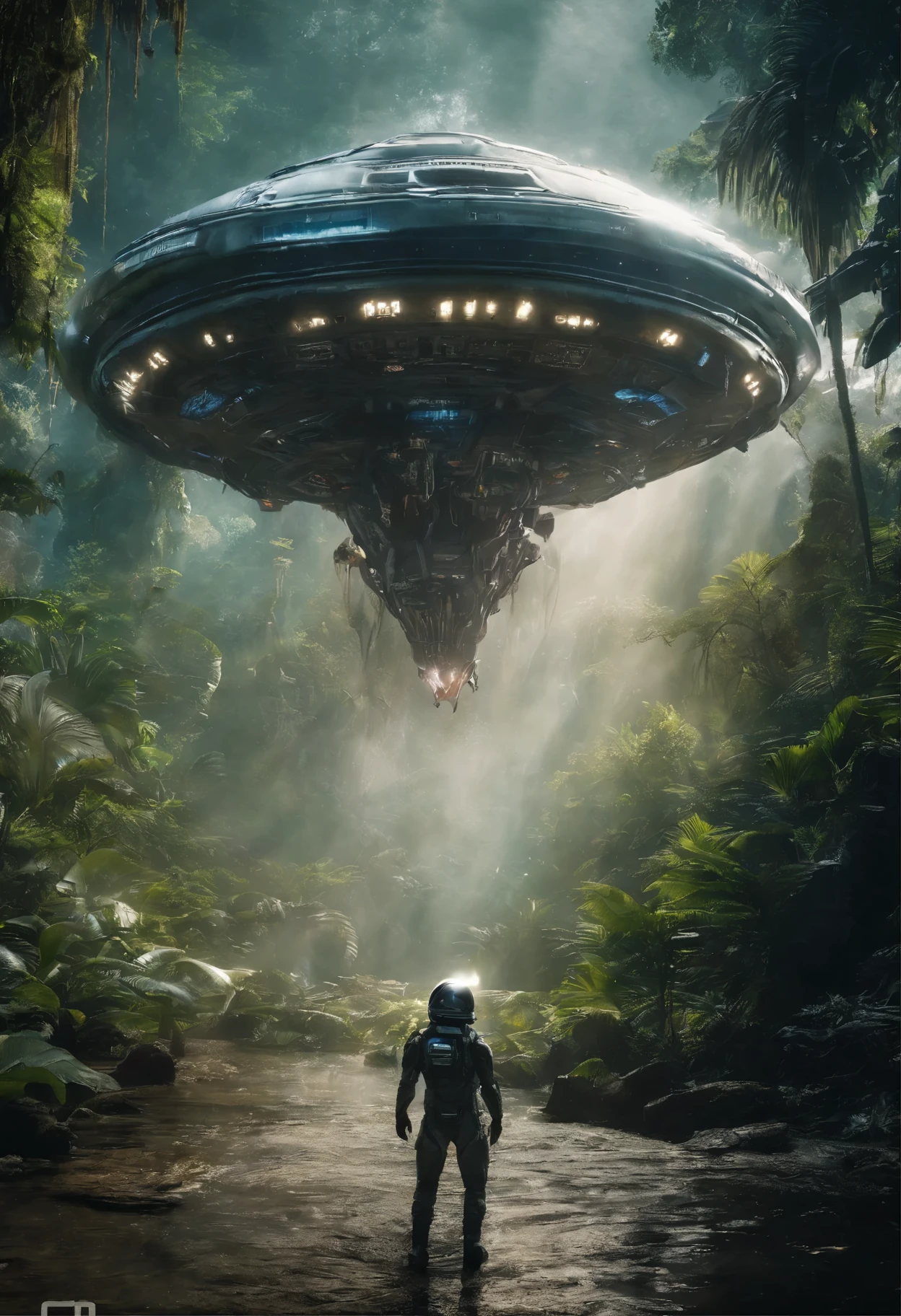 (highest quality, UHD, highest quality), photorealistic, Portrait, fish eye, A monstrous alien astronaut emerges from a spacecraft, on a jungle planet, cinematic, sci fi, shafts of light, god rays, shadow, drama