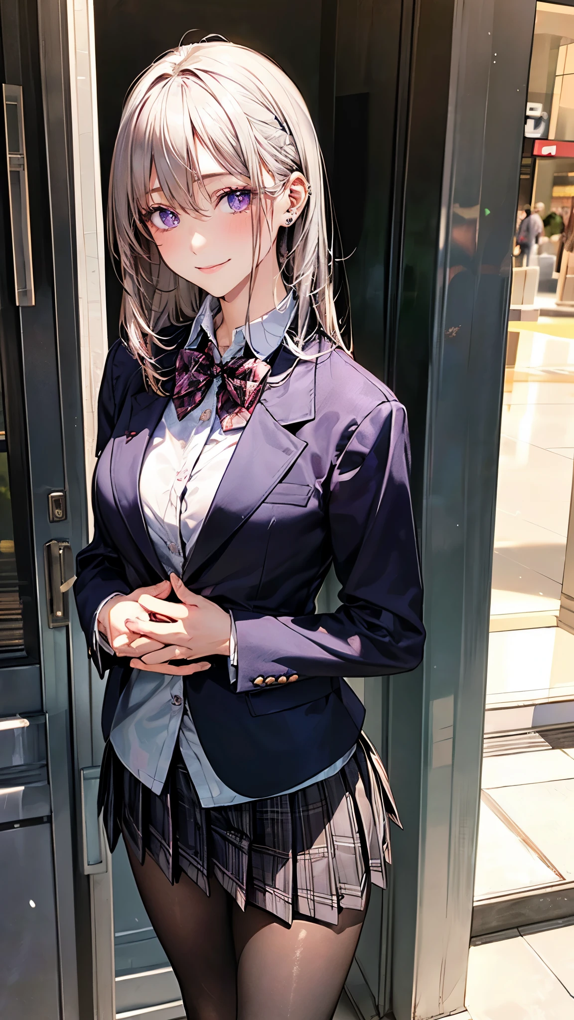 (masterpiece:1.2, top-quality), (realistic, photorealistic:1.4), beautiful illustration, (natural side lighting, movie lighting),
looking at viewer, fullbody, 1 girl, japanese, high school girl, perfect face, cute and symmetrical face, shiny skin, babyface,
(middle hair, straight hair, dark pink head band, silver hair), hair between eyes, dark purple eyes, (middle breasts, seductive thighs, big ass), piercings,
beautiful hair, beautiful face, beautiful detailed eyes, beautiful clavicle, beautiful body, beautiful chest, beautiful thigh, beautiful legs, beautiful fingers,
(((dark purple blazer, close clothes), white collared shirt, black plaid pleated miniskirt, dark red flat bow tie), black pantyhose),
(beautiful scenery), evening, (shopping mall), standing, hands on chest, (lovly smile, upper eyes),