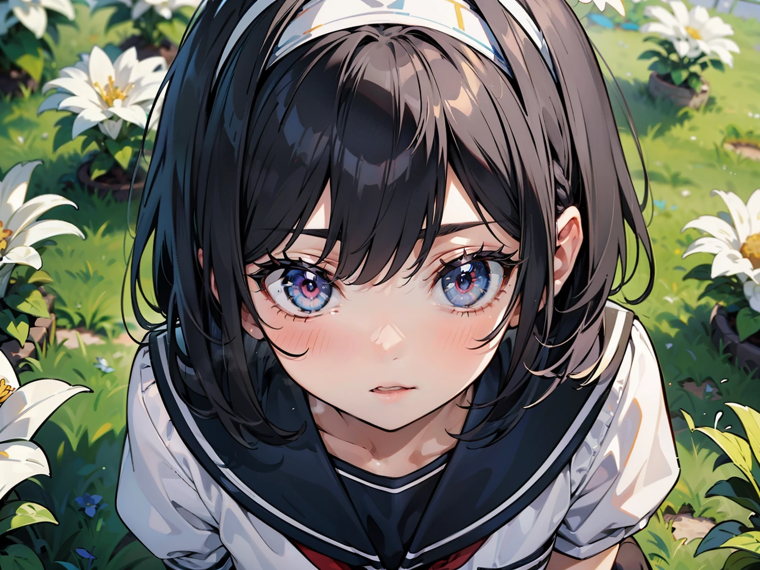 body 8 times longer than head, (Highly detailed CG unity 8k), (highest quality)，(very detailed)，(ultra high resolution), black hair, High school girl wearing a navy sailor suit, Anime 2D rendering, realistic young anime high school girl, ((White headband)), purple eyes, small breasts, tall, slanted eyes, (school scenery), black stockings, bright color, open your mouth, Dark blue skirt, bob cut, position looking down from above, bend your knees, sit,  flowers blooming on the ground, bend your knees, sit, Photographing flowers with a smartphone, , 