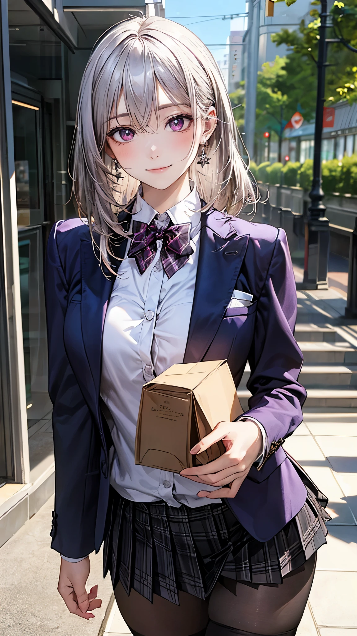 (masterpiece:1.2, top-quality), (realistic, photorealistic:1.4), beautiful illustration, (natural side lighting, movie lighting), 
looking at viewer, 1 girl, japanese, high school girl, perfect face, cute and symmetrical face, shiny skin, babyface, 
(middle hair, straight hair, dark pink head band, silver hair), hair between eyes, dark purple eyes, (middle breasts, seductive thighs, big ass), piercings, 
beautiful hair, beautiful face, beautiful detailed eyes, beautiful clavicle, beautiful body, beautiful chest, beautiful thigh, beautiful legs, beautiful fingers, 
(((dark purple blazer, close clothes), white collared shirt, black plaid pleated miniskirt, dark red flat bow tie), black pantyhose), 
(beautiful scenery), evening, (shopping mall), walking, (lovely smile, upper eyes), 