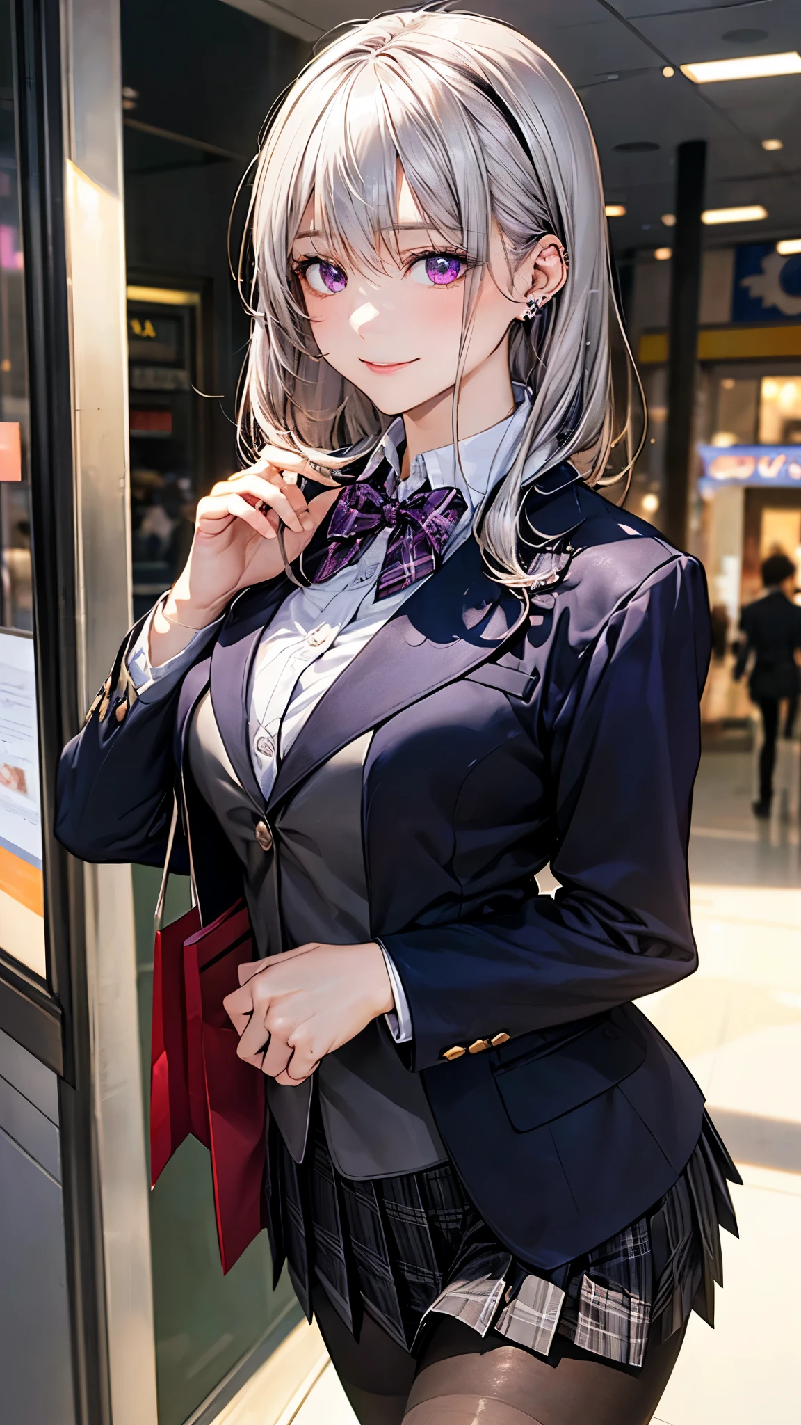 (masterpiece:1.2, top-quality), (realistic, photorealistic:1.4), beautiful illustration, (natural side lighting, movie lighting), 
looking at viewer, 1 girl, japanese, high school girl, perfect face, cute and symmetrical face, shiny skin, babyface, 
(middle hair, straight hair, dark pink head band, silver hair), hair between eyes, dark purple eyes, (middle breasts, seductive thighs, big ass), piercings, 
beautiful hair, beautiful face, beautiful detailed eyes, beautiful clavicle, beautiful body, beautiful chest, beautiful thigh, beautiful legs, beautiful fingers, 
(((dark purple blazer, close clothes), white collared shirt, black plaid pleated miniskirt, dark red flat bow tie), black pantyhose), 
(beautiful scenery), evening, (shopping mall), walking, (lovely smile, upper eyes), 