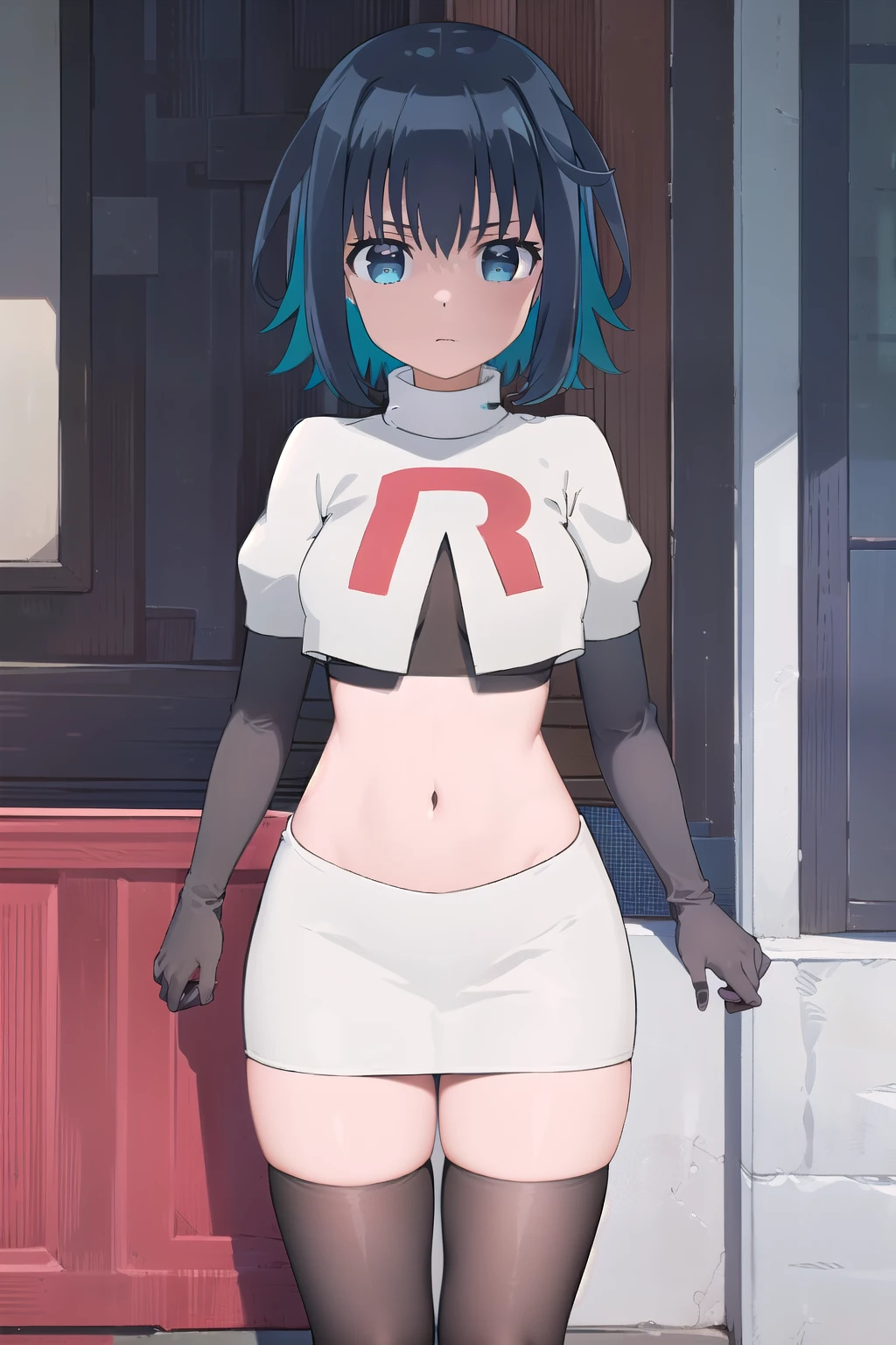 (extremely detailed CG unity 8k wallpaper),(masterpiece),(best quality),(ultra-detailed),(best illustration),(best shadow),(absurdres),  Konoha, 1girl, solo, outdoors, looking at viewer, blue eyes, multicolored hair, short hair, blue hair, black hair, two-tone hair, bangs, virtual youtuber, colored inner hair, aqua hair, team rocket,team rocket uniform,white skirt,red letter R,crop top,black thigh-highs,black elbow gloves