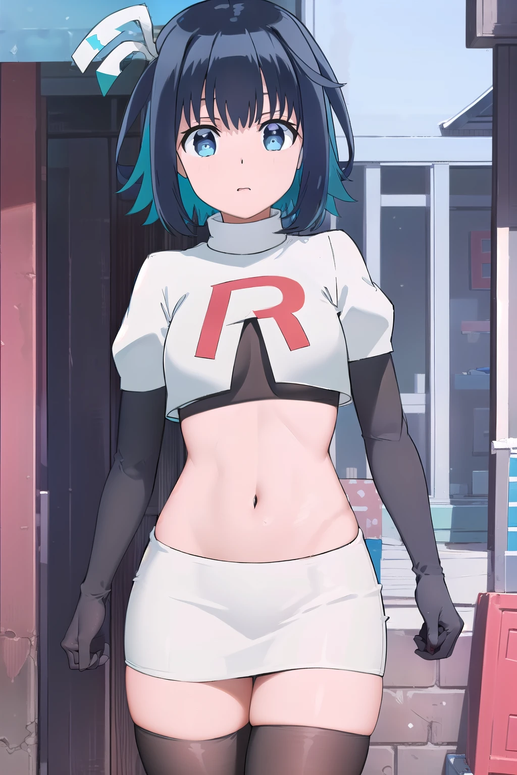 (extremely detailed CG unity 8k wallpaper),(masterpiece),(best quality),(ultra-detailed),(best illustration),(best shadow),(absurdres), Konoha, 1girl, solo, outdoors, looking at viewer, blue eyes, multicolored hair, short hair, blue hair, black hair, two-tone hair, bangs, virtual youtuber, colored inner hair, aqua hair, team rocket,team rocket uniform,white skirt,red letter R,crop top,black thigh-highs,black elbow gloves