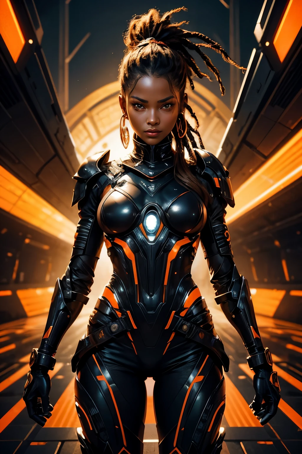 In the heart of a cutting-edge, technologically advanced battlefield, a powerful African black girl warrior with slanted eyes assumes a commanding stance. Her sleek futuristic black and orange armor, meticulously crafted with intricate designs, radiant shine and orange lights, hugs her toned body. The suit's polished surface beautifully reflects the vibrant, pulsating lights of her high-tech environment. With her orange rasta hair cascading down her back, framing her strong, chiseled features, she exudes an undeniable aura of determination and strength. Her determined expression, intensified by her fierce gaze, reveals her unwavering resolve to protect and defend against any potential threat in this advanced, intricately detailed. She is beautiful, has a cute face. Her skin is very sun-kissed, very tanned.