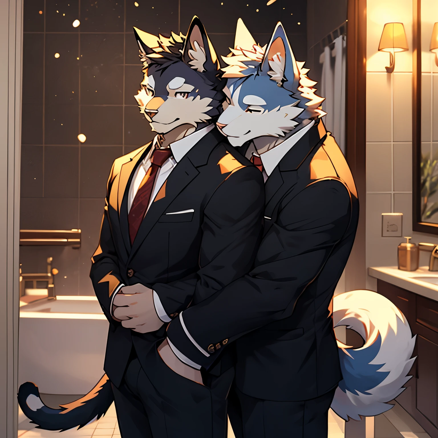 duo, kemono, (cat), anthro (cat), anthro, male, anthro male (husky), anthro (husky), tail, handsome, suit, bulge, bathroom, depth of field, perfect lighting, (light particles),(best quality),(masterpiece),(ultra detailed),sharp focus, light particles, smiling, cute, living room background, fur, good looking, ((Cat hugging Husky)), closed eyes, awkward