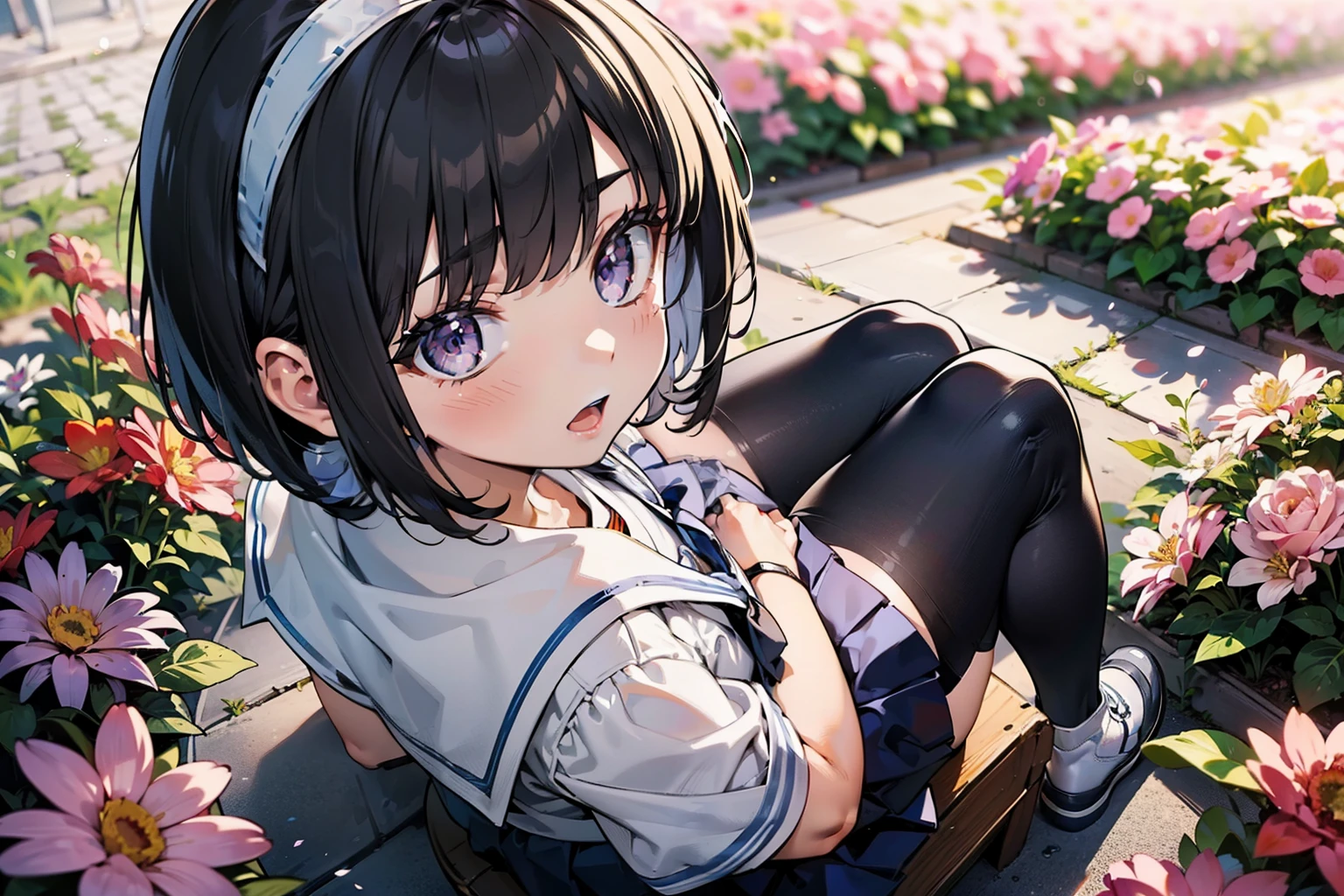 8K, highest quality, masterpiece, Super detailed, ultra high resolution, realistic, RAW photo, absolute resolution, small face compared to body, very small face, black hair, High school girl wearing a navy sailor suit, Anime 2D rendering, realistic若いアニメの女子高生, ((White headband)), purple eyes, small breasts, tall, slanted eyes, (school scenery), black stockings, bright color, open your mouth, Dark blue skirt, bob cut, position looking down from above, bend your knees, sit,  flowers blooming on the ground, bend your knees, sit, Photographing flowers with a smartphone, , 