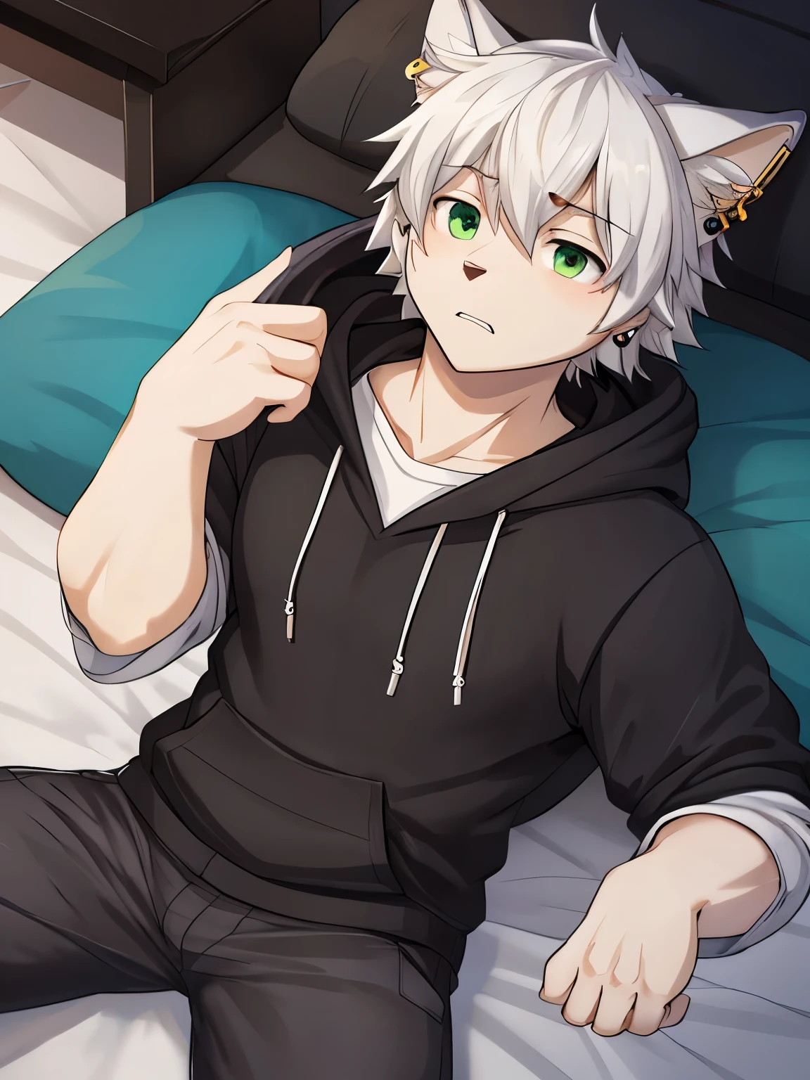 husky、gray and white fur、Handsome guy、good looking、one person、pants、earrings、wearing a hoodie、Unkempt bangs、male、Dull face、Dark circles under the eyes、Yellow-green、Depressed face