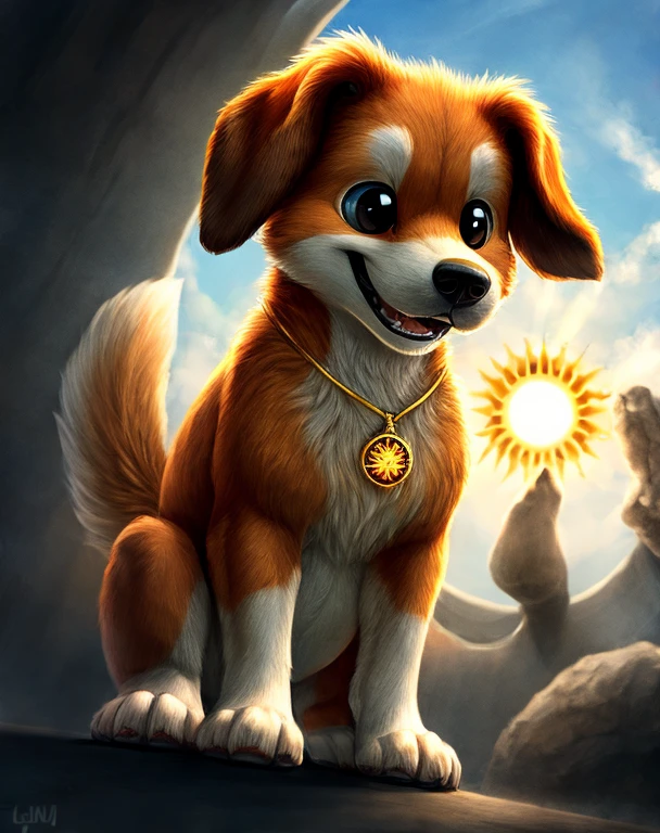 DogDay is an anthropomorphic canine, characterised by an orange fur that complements his expressive black eyes, floppy ears, and sleek black nose. His features extend to a sunshine-yellow outer mouth and belly, while a touch of Golden-Brown graces his paws, ears, and the left side of his face,  (Smiling Critters), (poppy's playtime), DogDay sports a perpetual , his inner mouth shrouded in mysterious darkness, A distinct black zipper gracefully traces down his center, showcasing a captivating gold sun pendant surrounded by radiant orange sun rays.