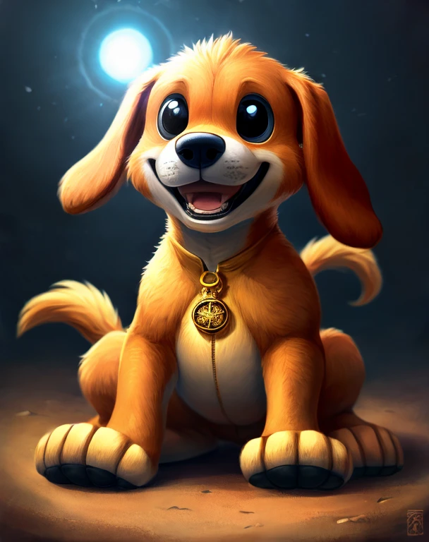 DogDay is an anthropomorphic canine, characterised by an orange fur that complements his expressive black eyes, floppy ears, and sleek black nose. His features extend to a sunshine-yellow outer mouth and belly, while a touch of Golden-Brown graces his paws, ears, and the left side of his face,  (Smiling Critters), (poppy's playtime), DogDay sports a perpetual , his inner mouth shrouded in mysterious darkness, A distinct black zipper gracefully traces down his center, showcasing a captivating gold sun pendant surrounded by radiant orange sun rays.
