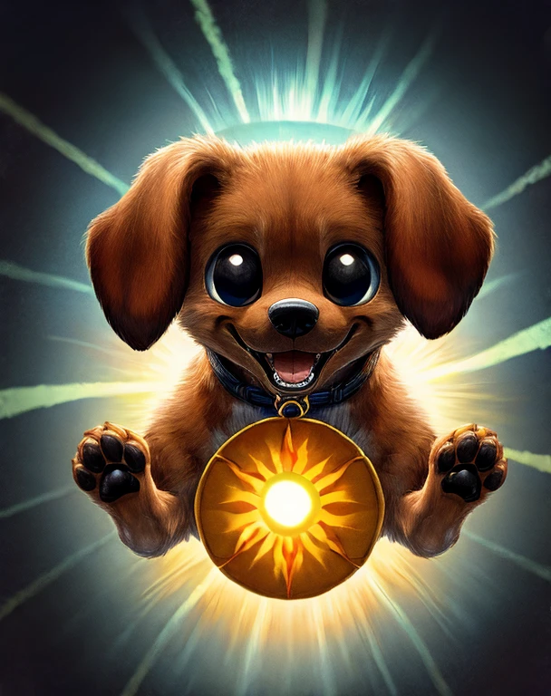 DogDay is an anthropomorphic canine, characterised by an orange fur that complements his expressive black eyes, floppy ears, and sleek black nose. His features extend to a sunshine-yellow outer mouth and belly, while a touch of Golden-Brown graces his paws, ears, and the left side of his face,  (Smiling Critters), (poppy's playtime), DogDay sports a perpetual , his inner mouth shrouded in mysterious darkness, A distinct black zipper gracefully traces down his center, showcasing a captivating gold sun pendant surrounded by radiant orange sun rays.