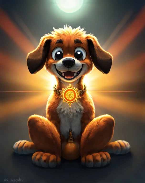 DogDay is an anthropomorphic canine, characterised by an orange fur that complements his expressive black eyes, floppy ears, and sleek black nose. His features extend to a sunshine-yellow outer mouth and belly, while a touch of Golden-Brown graces his paws, ears, and the left side of his face,  (Smiling Critters), (poppy's playtime), DogDay sports a perpetual , his inner mouth shrouded in mysterious darkness, A distinct black zipper gracefully traces down his center, showcasing a captivating gold sun pendant surrounded by radiant orange sun rays.