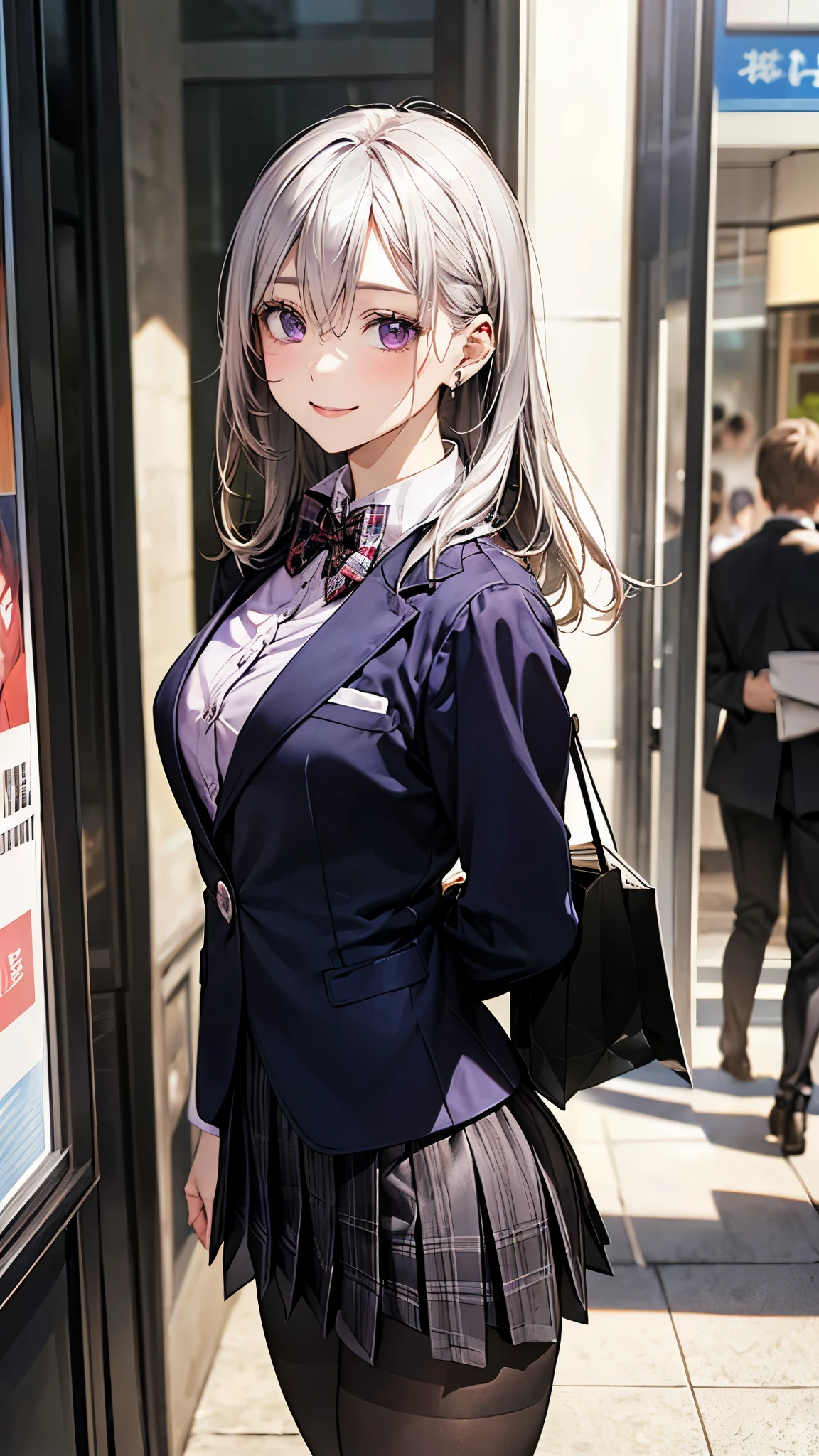 (masterpiece:1.2, top-quality), (realistic, photorealistic:1.4), beautiful illustration, (natural side lighting, movie lighting), 
looking at viewer, 1 girl, japanese, high school girl, perfect face, cute and symmetrical face, shiny skin, babyface, 
(middle hair, straight hair, dark pink head band, silver hair), hair between eyes, dark purple eyes, (middle breasts, seductive thighs, big ass), piercings, 
beautiful hair, beautiful face, beautiful detailed eyes, beautiful clavicle, beautiful body, beautiful chest, beautiful thigh, beautiful legs, beautiful fingers, 
(((dark purple blazer, close clothes), white collared shirt, black plaid pleated miniskirt, dark red flat bow tie), black pantyhose), 
(beautiful scenery), evening, (shopping mall), walking, (lovely smile, upper eyes), 