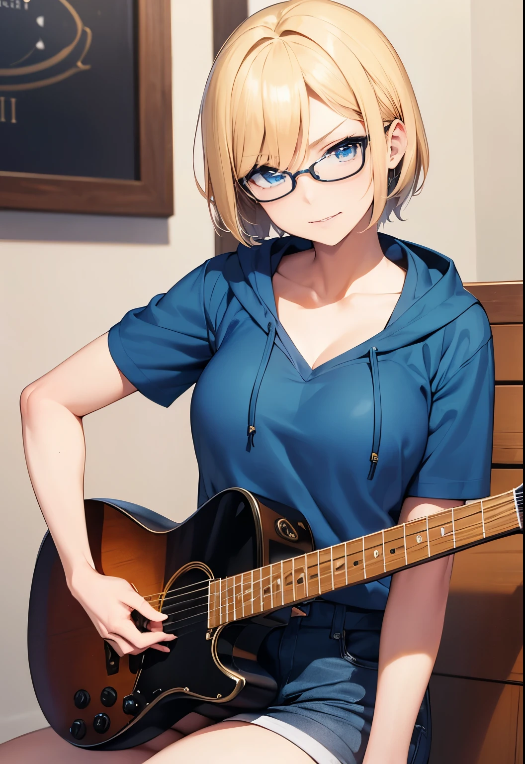 High resolution, 2D anime style,,blue eyes beautiful eyes,high and beautiful nose,thin face,blonde boyish short hair,cool woman,beautiful clock,Chest is slightly larger,she looks very happy,biting one's lips, she was very angry, she narrows her eyes, she wears glasses,Fashion that shows cleavage,she is wearing an open hoodie and shorts.,I'm playing guitar
