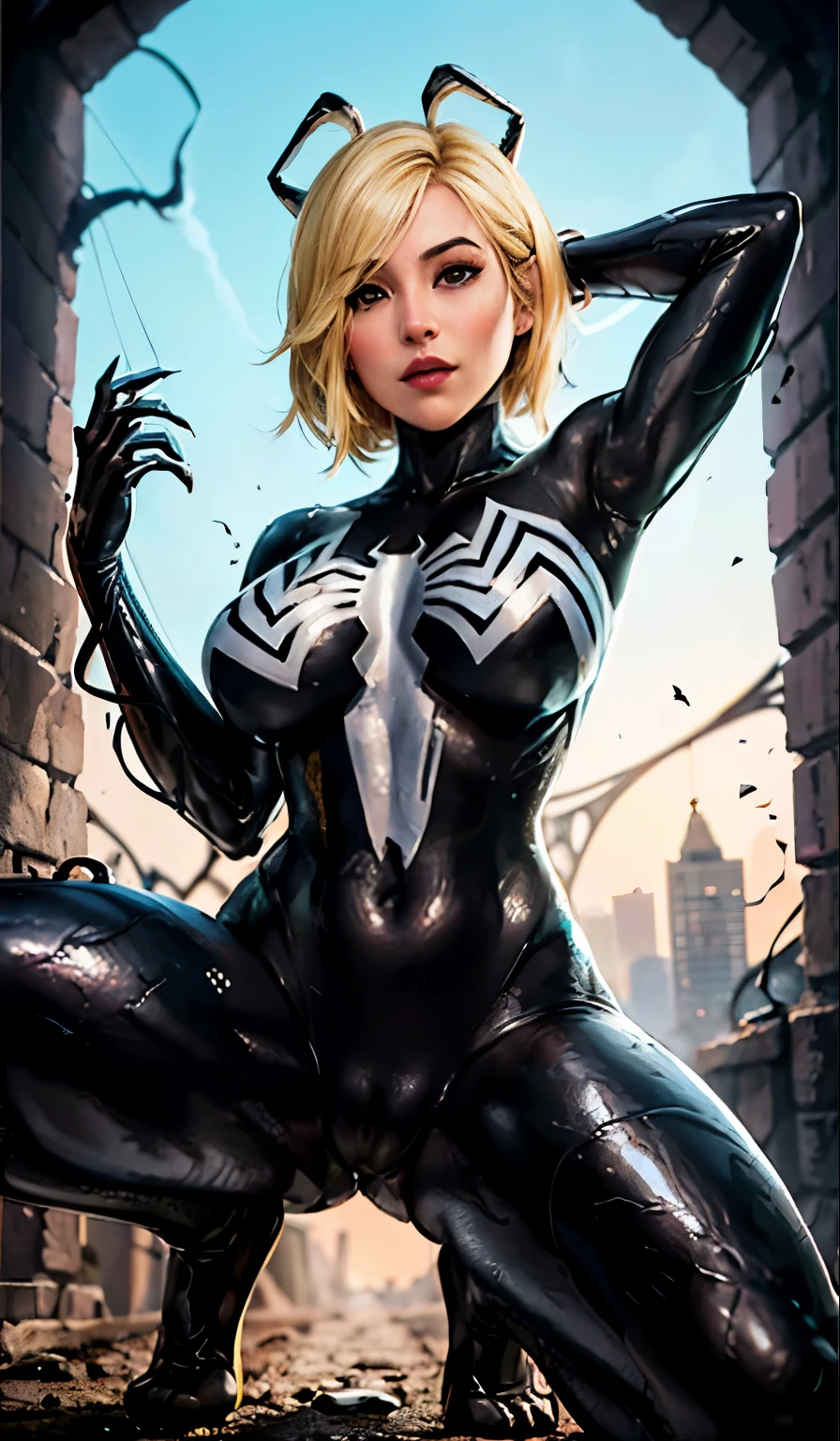 4K,realisticlying,Glamorous,The very detailed,There a girl in Dingcheng,Blonde hair,Wearing a black Spider-Man costume,(Black and white:1.4) the night,symbiote,venomize,a large amount of mucus,she a spiderman,Black superhero theme,In front of the sky,Flushed complexion,( Open legs, camel-toe,, Vulvar shape:1.3),(GGCameltoe:1.3)Legs apart,25 age old,full bodyesbian