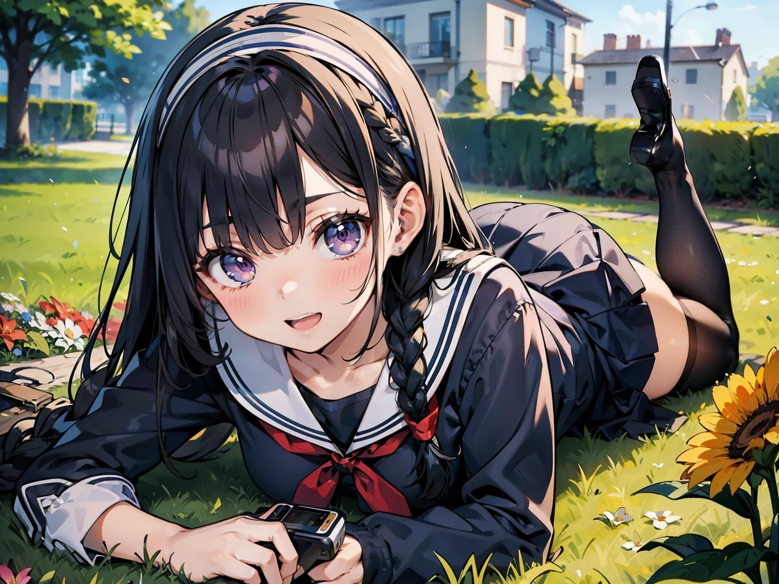 body 8 times longer than head, (Highly detailed CG unity 8k), (highest quality),(very detailed),(ultra high resolution), black hair, High school girl wearing a navy sailor suit, Anime 2D rendering, realistic young anime high school girl, ((White headband)), purple eyes, small breasts, tall, slanted eyes, (school scenery), black stockings, bright color, open your mouth, Dark blue skirt, braid hair, Bangs Patsun, position looking down from above, lie on your stomach, Photographing flowers blooming on the ground with a smartphone, smile,