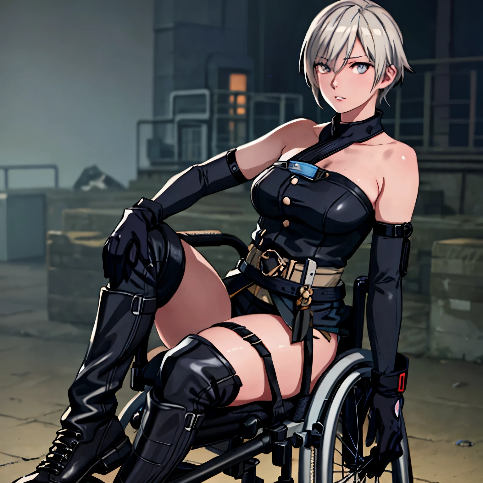 (best quality,4k,8k,highres,masterpiece:1.2),ultra-detailed,(realistic,photorealistic,photo-realistic:1.37),black-dressed,boot-wearing, wheelchair-bound,woman,2b,2b,dark,moody scene,smooth anime CG art,detailed,modern fashion,black, shinobi,beautiful detailed eyes,beautiful detailed lips,extremely detailed eyes and face,long eyelashes,emotionless expression,stoic expression,high-tech wheelchair,city background,nighttime scene,dramatic lighting,glowing neon lights,vibrant colors,powerful stance,defiant posture,2 age girls in the background,engaging battle scene,stunning visuals,stunning 3D rendering,inspired by the game "Girls' Frontline",anime aesthetic,game CG,katana-wielding video game character,anime-style 3D rendering character art,8k resolution,very detailed character rendering.