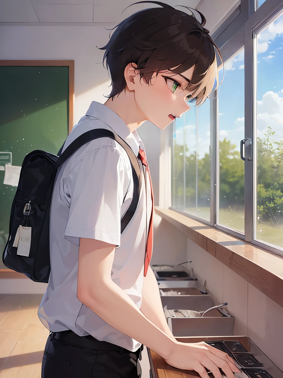 (looking away:1.5), (side angle:1.2), masterpiece、high quality、(18 year old male with short dark brown hair and green eyes:1.5), school uniform, wearing a white shirt、(Alone:1.5)、serious expression, open mouth, (Only the upper body is shown.:1.3)、The background is a classroom、Are standing