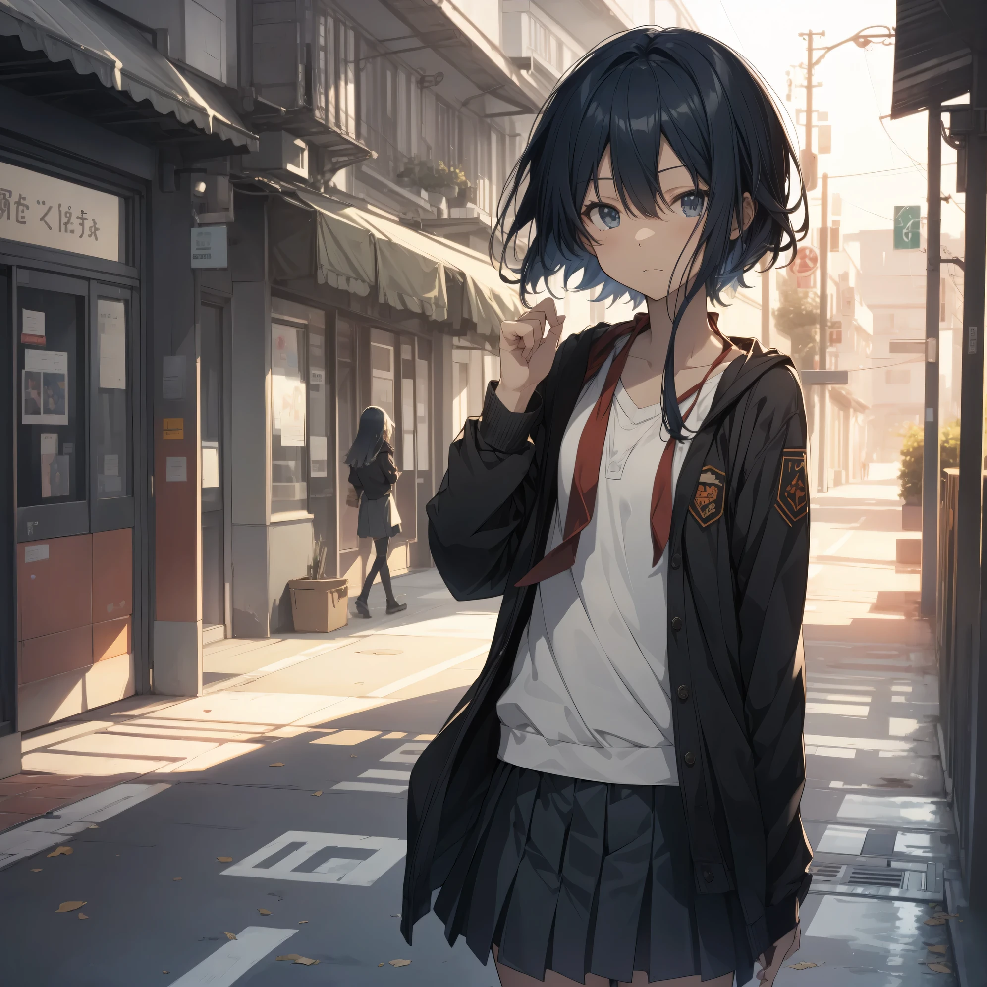 Super high quality by the art god, super detailed, High resolution, AI generated, anime moe art style, best anime 8K konachan wallpaper, pixiv contest winner, perfect anatomy, break,(眠そうにalone学校へ行く女の子を描いてください. ),break, 1 girl, (alone,lolita, , 13 years old:1.3),All limbs, full finger,, androgynous charm, (very short hair), messy hair, flat chest, Because I'm slender, small ass, between legs, Small black eyes, beautiful and fine eyes, Well-proportioned iris and pupils, expressive eyes,disgusted eyes, High resolutionの詳細な髪, wearing school uniform, (skirt),(detailed lighting), (detailed background), On the way to school. break,super dense skin, Best lighting by famous artists, 8K, figure,UHD, rough skin