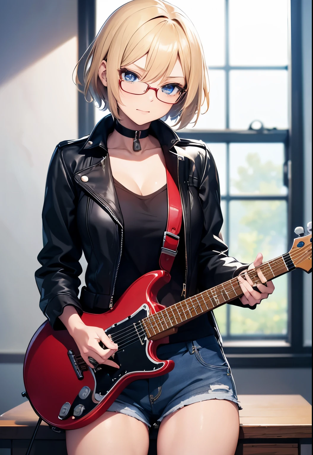 High resolution, 2D anime style,,blue eyes beautiful eyes,high and beautiful nose,thin face,blonde boyish short hair,cool woman,beautiful clock,Chest is slightly larger,she looks very happy,biting one&#39;s lips, she was very angry, she narrows her eyes, she wears glasses,Fashion that shows cleavage,she is wearing a leather jacket and shorts.,I'm playing guitar,In the studio

