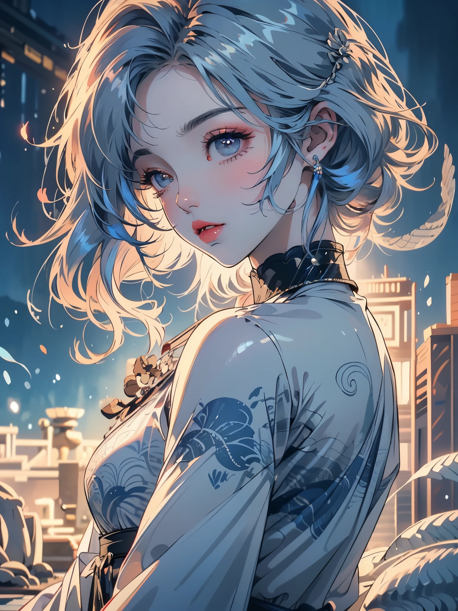 An extremely attractive woman, perfect big eyes, thick lips, white hair, short bob hair, long sideburns, low-cut small breasts, thick muscle body, thick ass, full body, short white and translucent clothes, (((walking on the pure waters of a mythical ocean))), lots of dark blue and navy blue, {extremely detailed 16k CG unit wallpaper}, expansive landscape photography, (a low view with focus on character and setting), (wide view wide field), (low angle shot), (high light: 1.3), (low light: 1.5), (warm light source: 1.3), complex details, (iridescent colors: 1.5), (bright lighting), (atmospheric lighting), Dreamy, unique,