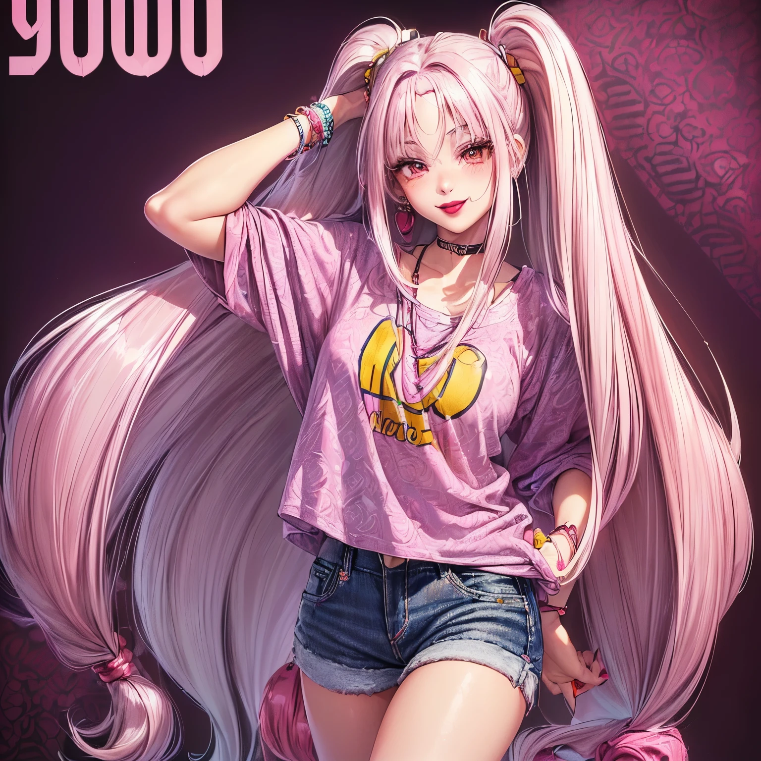 1girl, (((beautiful))), (((long loose silky hair, any colour hair))), (((lipstick, any colour lipstick))), (((blush))), (((smile))), ((((casual 90's clothes, fashionable 90's attire, trendy clothing)))), (((stylish accessories))), (((colourful 90's background, any pattern)))