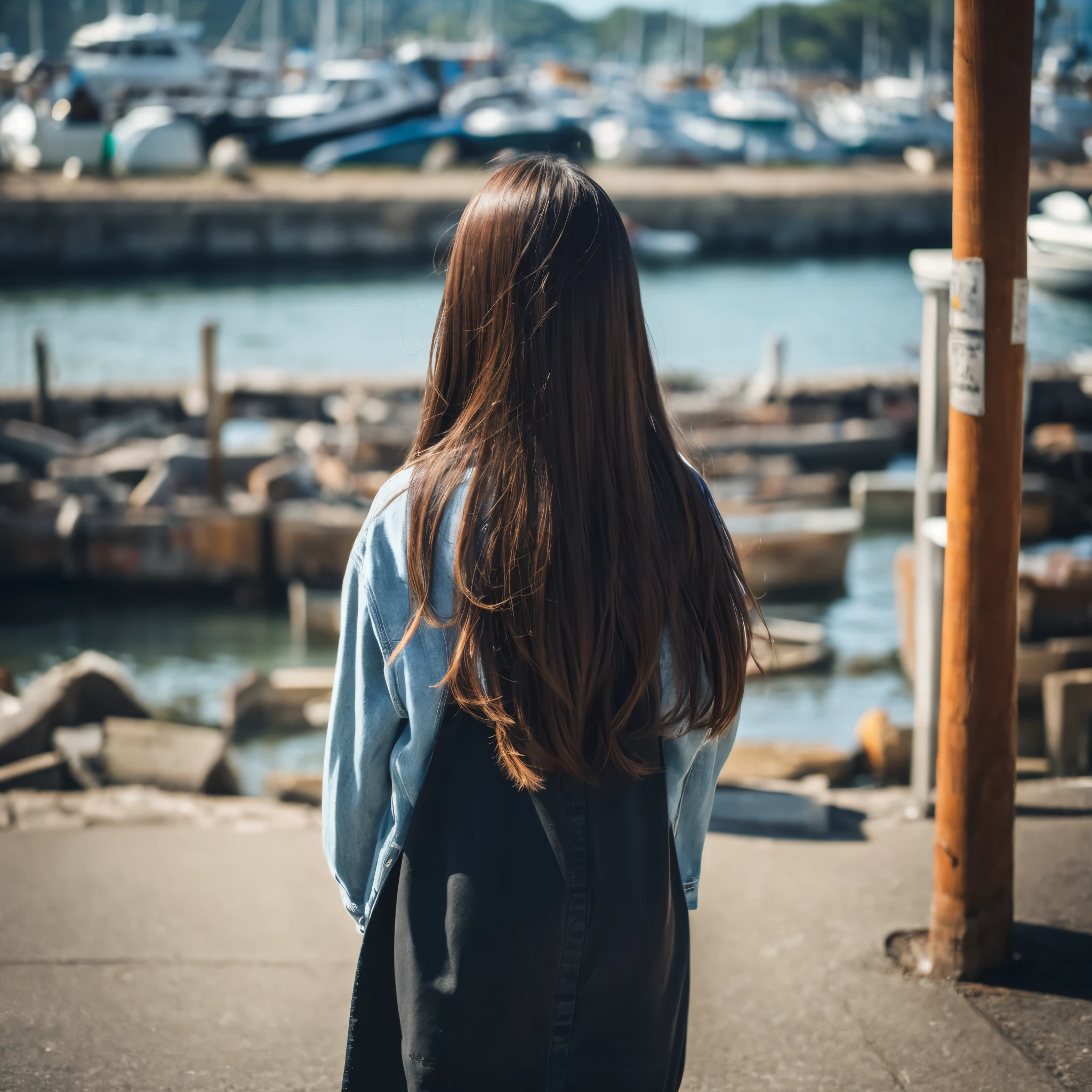 full body photo of one woman、Rear view、I can't see my face、The port town、long hair、fashionable clothes、Don't turn around、Portrait