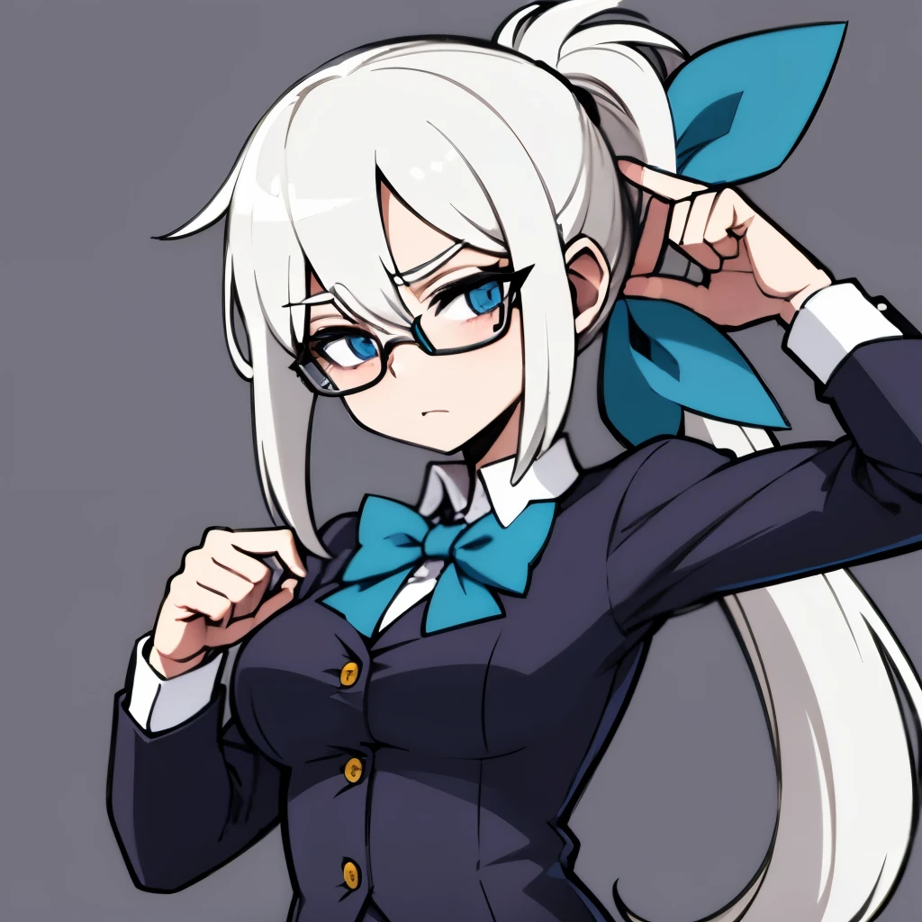 White hair, nerd, school girl, glassed, tied up hair, cute, medium breasts, blue eyes, ponytail, tied up long hair, disguise, neckbow, hairbow, green bow