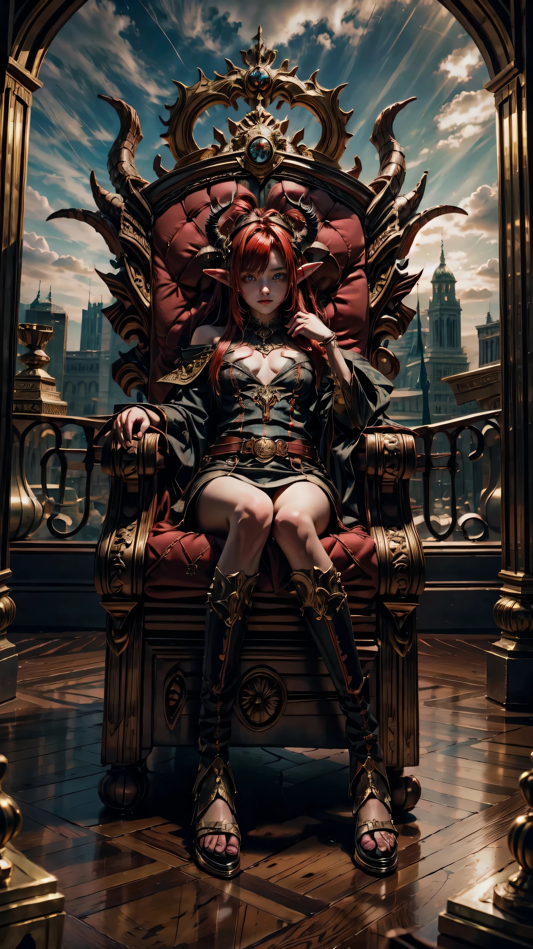 elf girl beautiful eyes,red hair ,horns, horns on head, detailed eyes, full body full shot, vivid colors, sky is red , clouds, sitting on a throne
