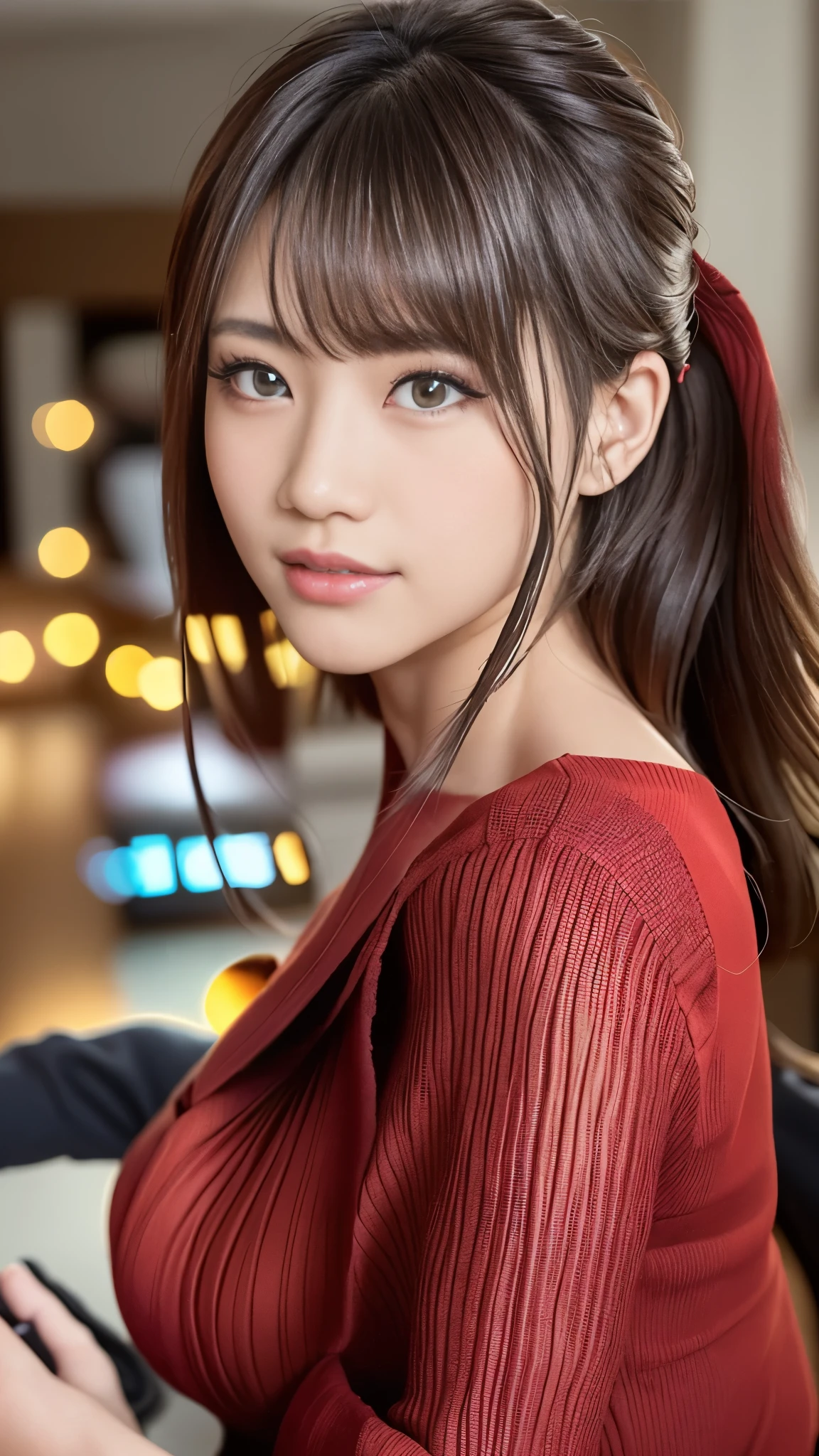 Photo taken by a professional photographer，Cute Japan girl at 20 years old，Fancy makeup with red eyeshadow，Short white T-shirt，Lower milk is visible，Hands folded behind your back，beautiful skin，light brown delicate hair，Side waves with a short cut，japanese model, Young and cute gravure idol, Young sensual gravure idol, beautiful japanese girl face, beautiful asian girl, realistic young gravure idol, sophisticated gravure idol, japanese goddess, young gravure idol