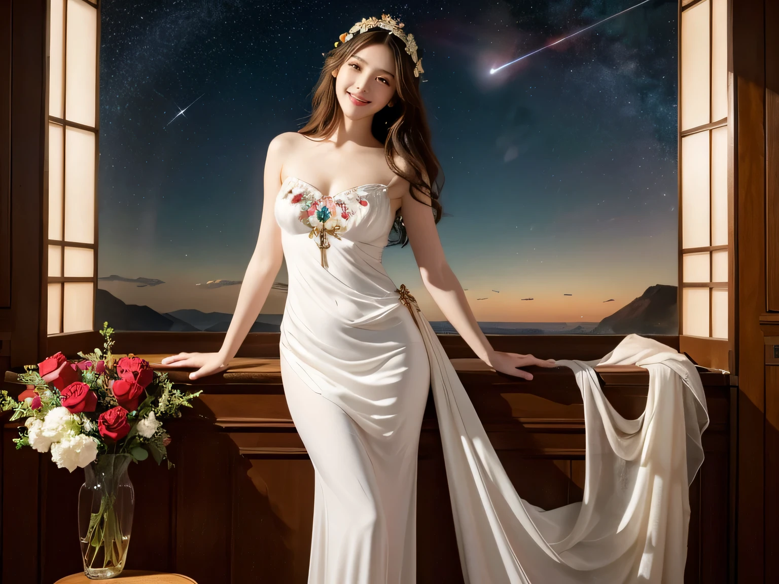 full body portrait or statue、geometry、Stained glass、12 constellations、Vigée Leblanc style、math、astronomical machine、astronaut、roses in vase、fruit、Cute trinkets、smile、ancient greek costume、Sandro Botticelli paintings、Costume that stretches your shoulders、A big smile、expression of ecstasy、sexy、beautiful bare skin、Detailed representation of the seducing woman throughout the body 
