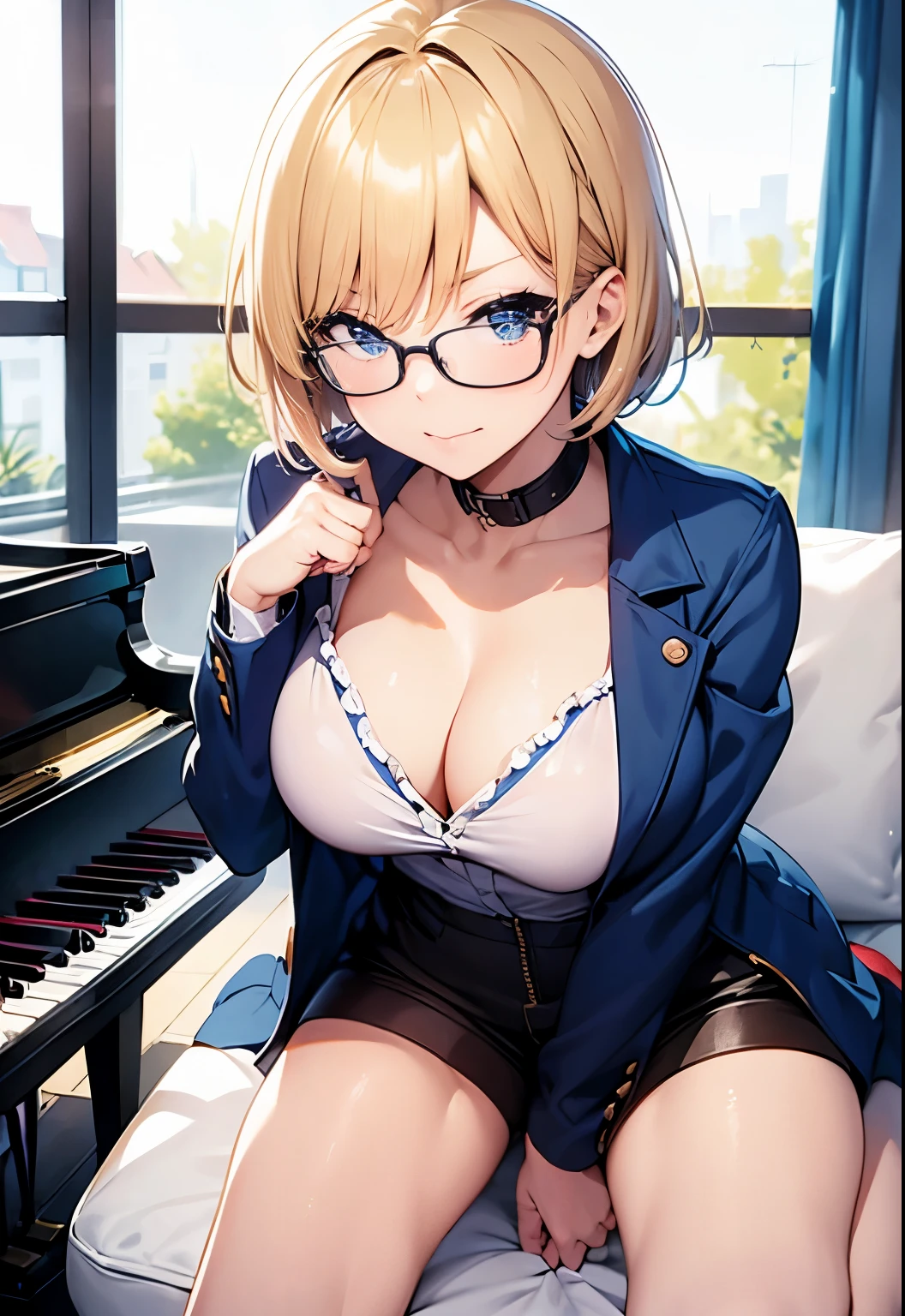High resolution, 2D anime style,,blue eyes beautiful eyes,high and beautiful nose,thin face,blonde boyish short hair,cool woman,beautiful clock,Chest is slightly larger,she looks very happy,biting one's lips, she was very angry, she narrows her eyes, she wears glasses,Formal fashion that shows cleavage,she is wearing a jacket and shorts.,playing the piano,In the studio