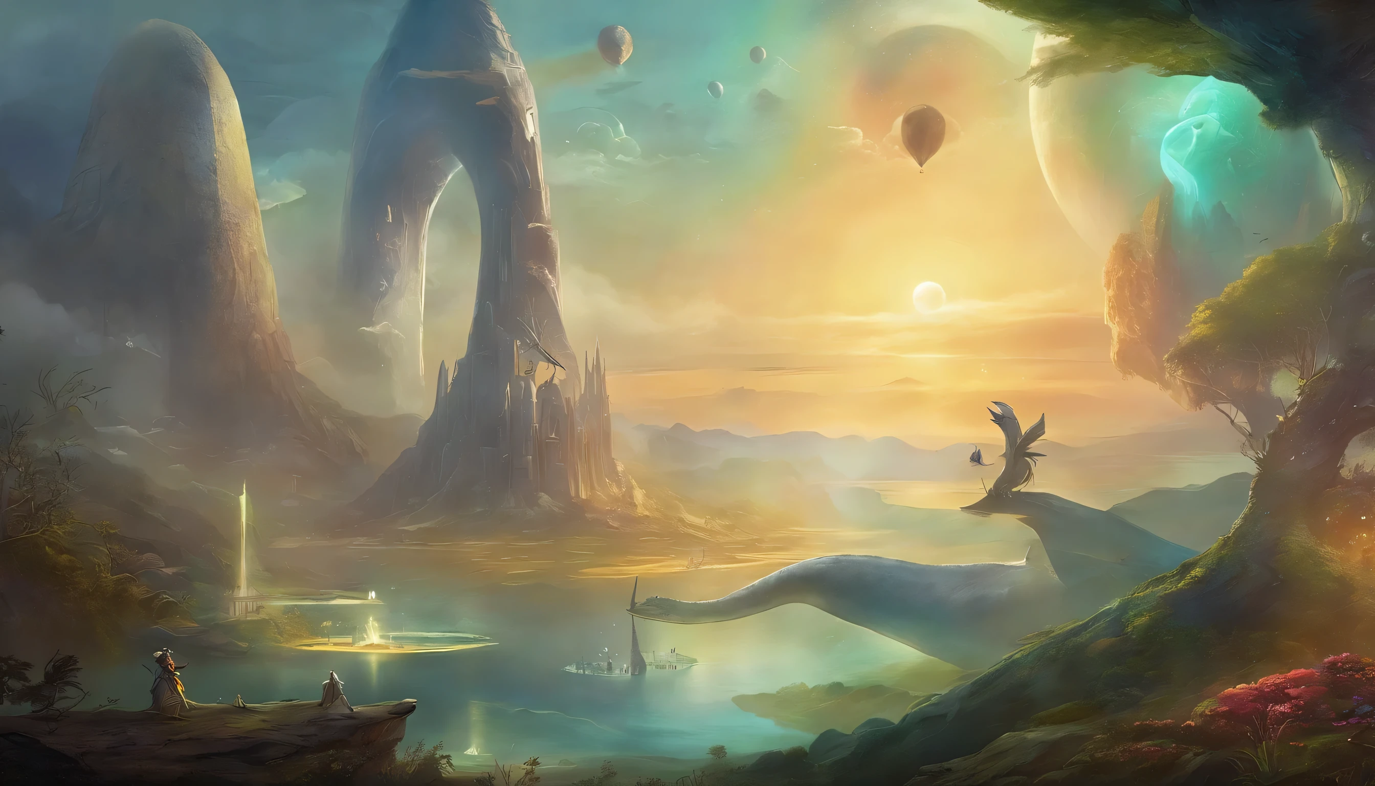 Take the characters on a surreal exploration, echoing the neosurrealism found in Peter Henket's work. Create a scene that transcends ordinary imagination, with the spaceship and dinosaur navigating through fantastical landscapes and surreal concept art.
