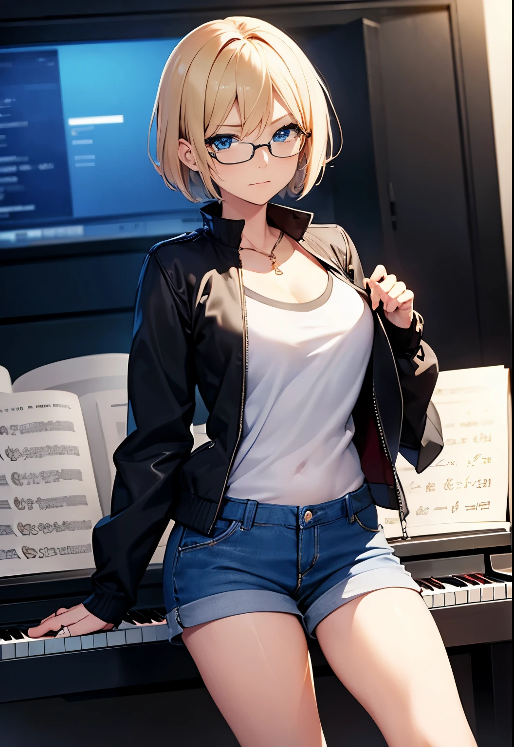 High resolution, 2D anime style,,blue eyes beautiful eyes,high and beautiful nose,thin face,blonde boyish short hair,cool woman,beautiful clock,Chest is slightly larger,she looks very happy,biting one's lips, she was very angry, she narrows her eyes, she wears glasses,Formal fashion that shows cleavage,she is wearing a jacket and shorts.,playing the piano,In the studio