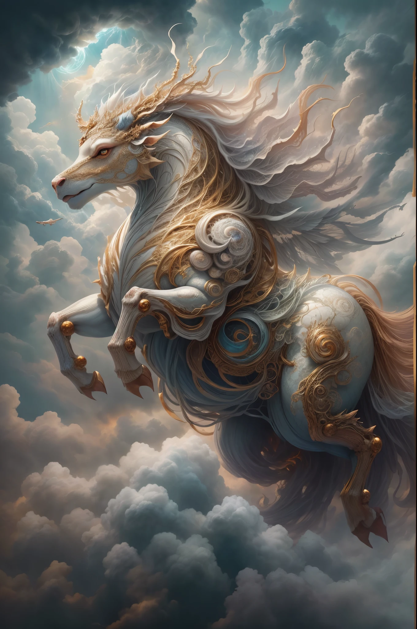 A celestial drama unfolded in the ethereal heavens as thick clouds formed an awe-inspiring spectacle. The billows weaved together, creating a wondrous creature of mythical lore. This captivating manifestation has become popular on Artstation, depicted with precise brushstrokes. The studio portrait reveals unrivaled intricacy and breathtaking detail. The creation is adorned with minuscule intricacies that are indescribable.