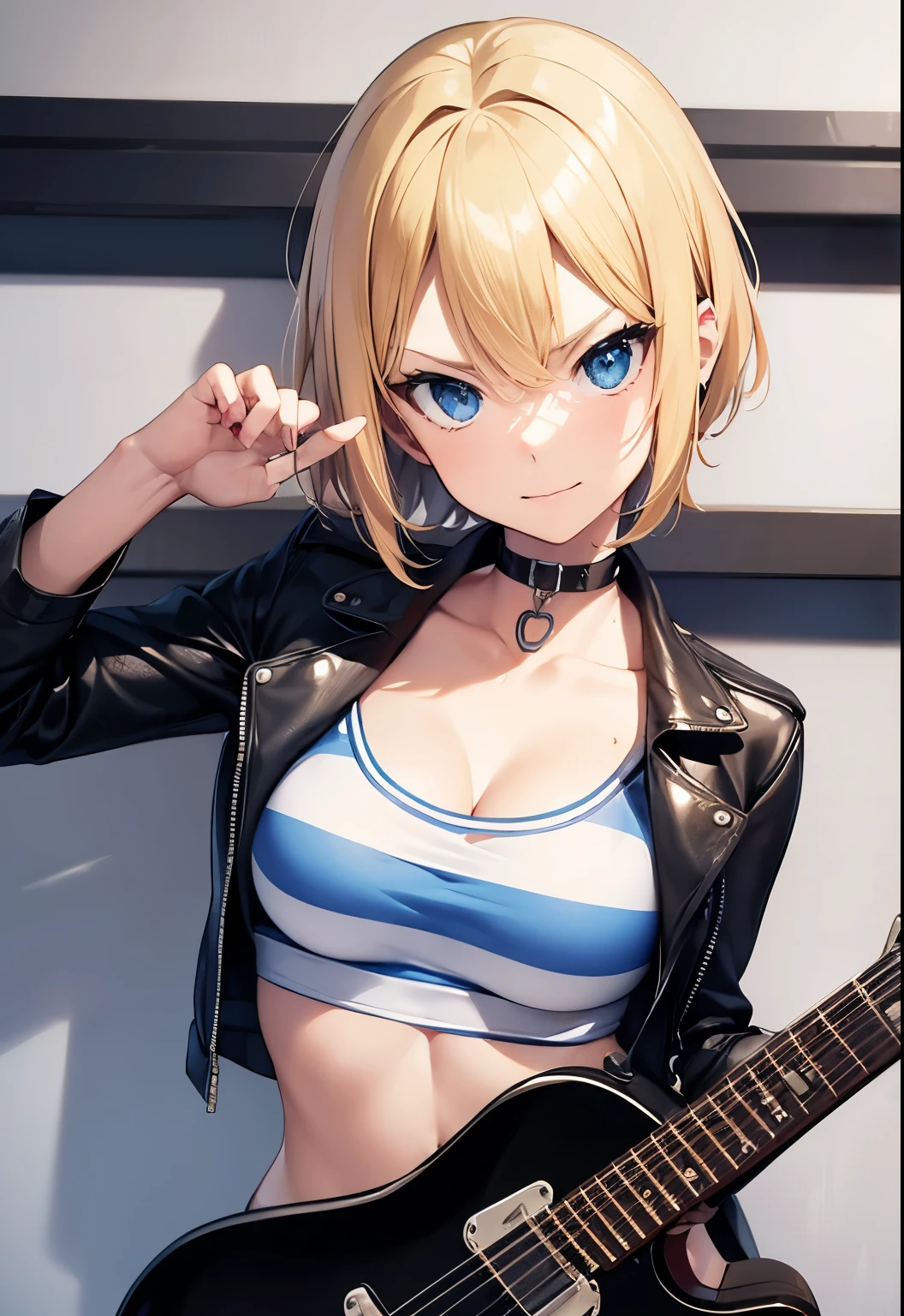 High resolution, 2D anime style,,blue eyes beautiful eyes,high and beautiful nose,thin face,blonde boyish short hair,Cool adult woman,Chest is slightly larger,she looks very happy,biting one's lips, she was very angry, she narrows her eyes,Punk fashion that shows cleavage,she is wearing a leather jacket and shorts.,have a guitar,I'm playing guitar,In the studio