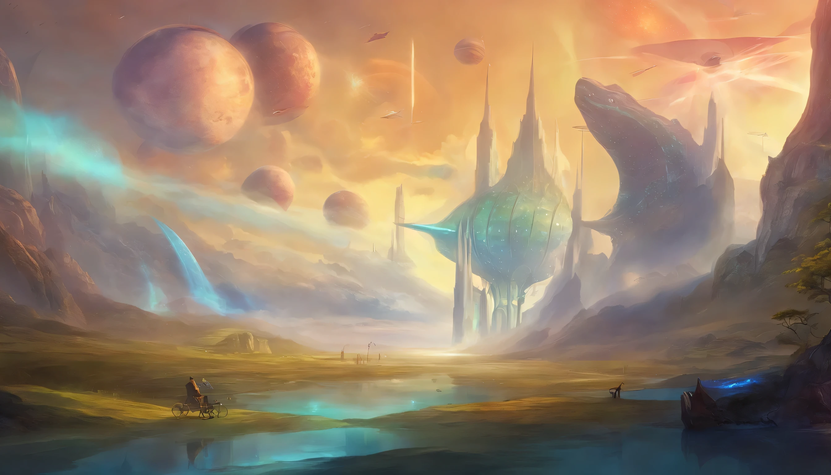 Take the characters on a surreal exploration, echoing the neosurrealism found in Peter Henket's work. Create a scene that transcends ordinary imagination, with the spaceship and dinosaur navigating through fantastical landscapes and surreal concept art.