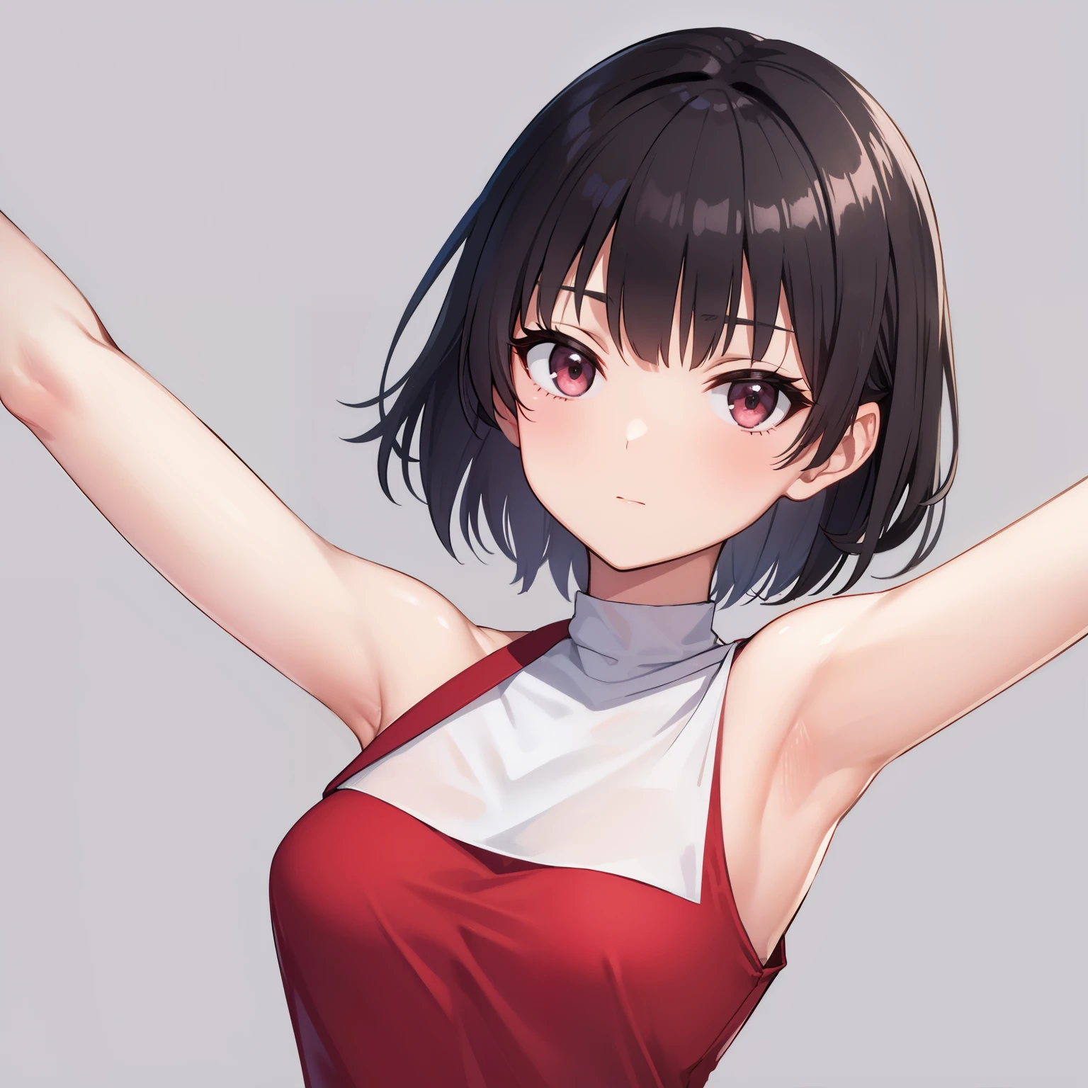 A giri,plain red sleeveless dress,black straight hair,white background,armpit