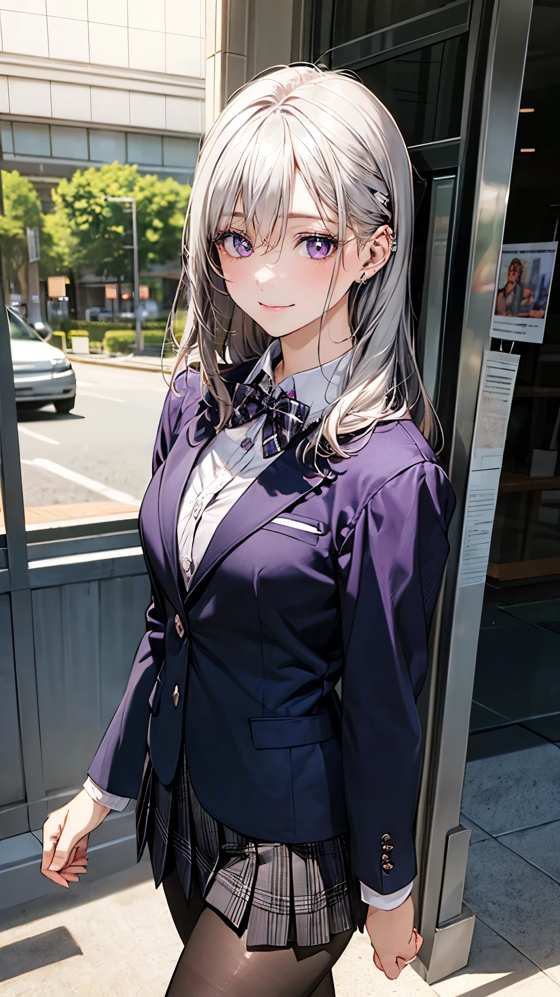 (masterpiece:1.2, highest quality), (realistic photo:1.4), beautiful illustrations, (natural side lighting, movie lighting),
looking at the viewer, 1 girl, Japanese, high school girl, perfect face, Cute symmetrical face, shiny skin, baby face,
(middle hair, straight hair, dark pink headband, silver hair), hair between eyes, dark purple eye idol chest, seductive thighs, big ass), earrings,
beautiful hair, beautiful face, detailed and beautiful eyes, beautiful clavicle, beautiful body, beautiful breasts, beautiful thighs, beautiful feet, beautiful fingers,
(((dark purple blazer, Clothes nearby), white collared shirt, black plaid pleated mini skirt, dark red flat bow tie), black pantyhose),
(beautiful scenery), evening, (Shopping mall), walk, (cute smile, upper eye)