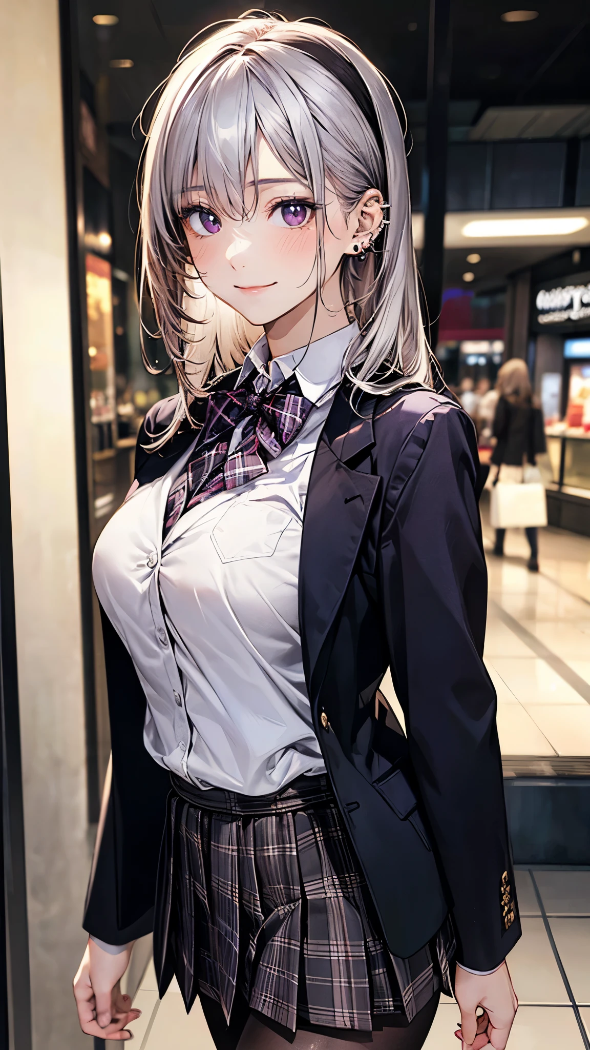 (masterpiece:1.2, top-quality), (realistic, photorealistic:1.4), beautiful illustration, (natural side lighting, movie lighting),
looking at viewer, 1 girl, japanese, high school girl, perfect face, cute and symmetrical face, shiny skin, face,
(middle hair, straight hair, dark pink head band, silver hair), hair between eyes, dark purple eyes, (middle breasts, seductive thighs, big ass), piercings,
beautiful hair, beautiful face, beautiful detailed eyes, beautiful clavicle, beautiful body, beautiful chest, beautiful thigh, beautiful legs, beautiful fingers,
(((dark purple blazer, close clothes), white collared shirt, black plaid pleated miniskirt, dark red flat bow tie), black pantyhose),
(beautiful scenery), evening, (shopping mall), walking, (lovely smile, upper eyes),