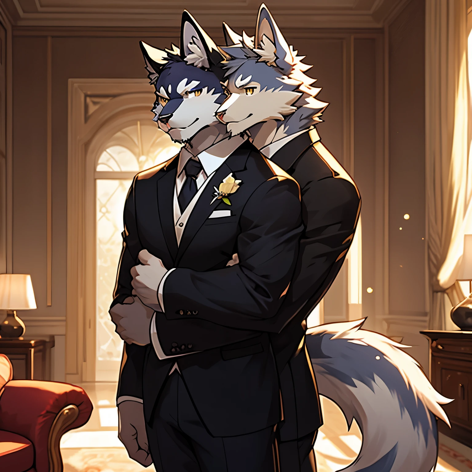 duo, kemono, (cat), anthro (cat), (yellow and white cat), seductive smile, richman suit anthro, male, anthro male (husky), anthro (husky), (gray husky), confused, tail, tall, handsome, butler suit, living room, depth of field, perfect lighting, (light particles),(best quality),(masterpiece),(ultra detailed),sharp focus, light particles, cute, living room background, fur, good looking, ((Cat hugging Husky)), awkward