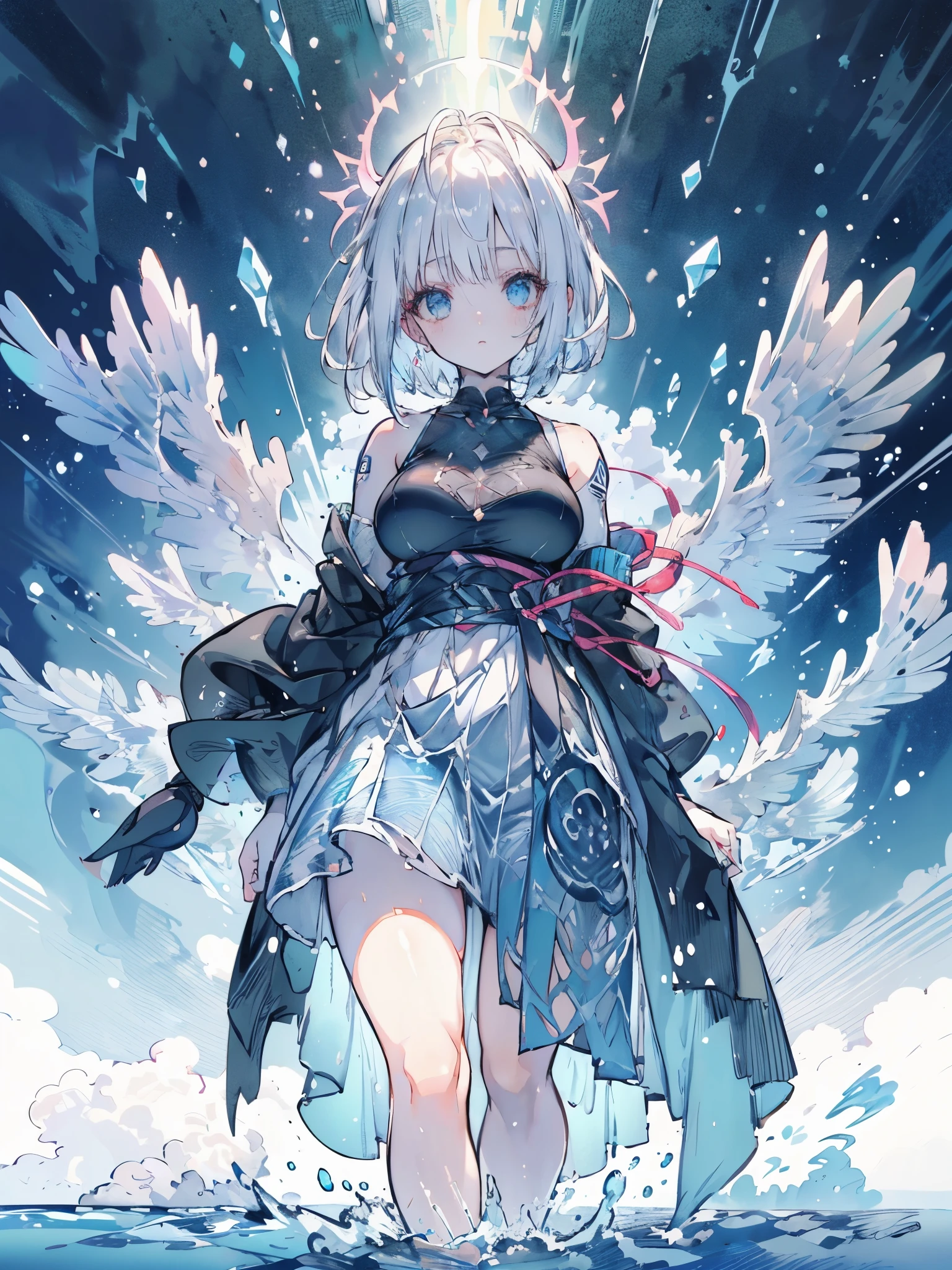 An extremely attractive woman, perfect big eyes, thick lips, white hair, short bob hair, long sideburns, low-cut small breasts, thick muscle body, thick ass, full body, short white and translucent clothes, (((walking on the pure waters of a mythical ocean))), lots of dark blue and navy blue, {extremely detailed 16k CG unit wallpaper}, expansive landscape photography, (a low view with focus on character and setting), (wide view wide field), (low angle shot), (high light: 1.3), (low light: 1.5), (warm light source: 1.3), complex details, (iridescent colors: 1.5), (bright lighting), (atmospheric lighting), Dreamy, unique,
