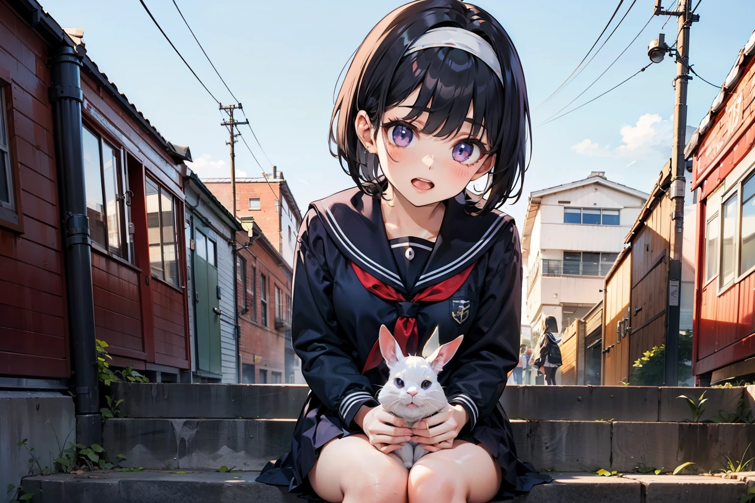 8K, highest quality, masterpiece, Super detailed, ultra high resolution, realistic, RAW photo, absolute resolution, small face compared to body, very small face, black hair, High school girl wearing a navy sailor suit, Anime 2D rendering, realistic若いアニメの女子高生, ((White headband)), purple eyes, small breasts, tall, slanted eyes, (school scenery), black stockings, bright color, open your mouth, Dark blue skirt, bob cut, position looking down from above, bend your knees, sit, bend your knees, sit, hold a rabbit on your lap, 