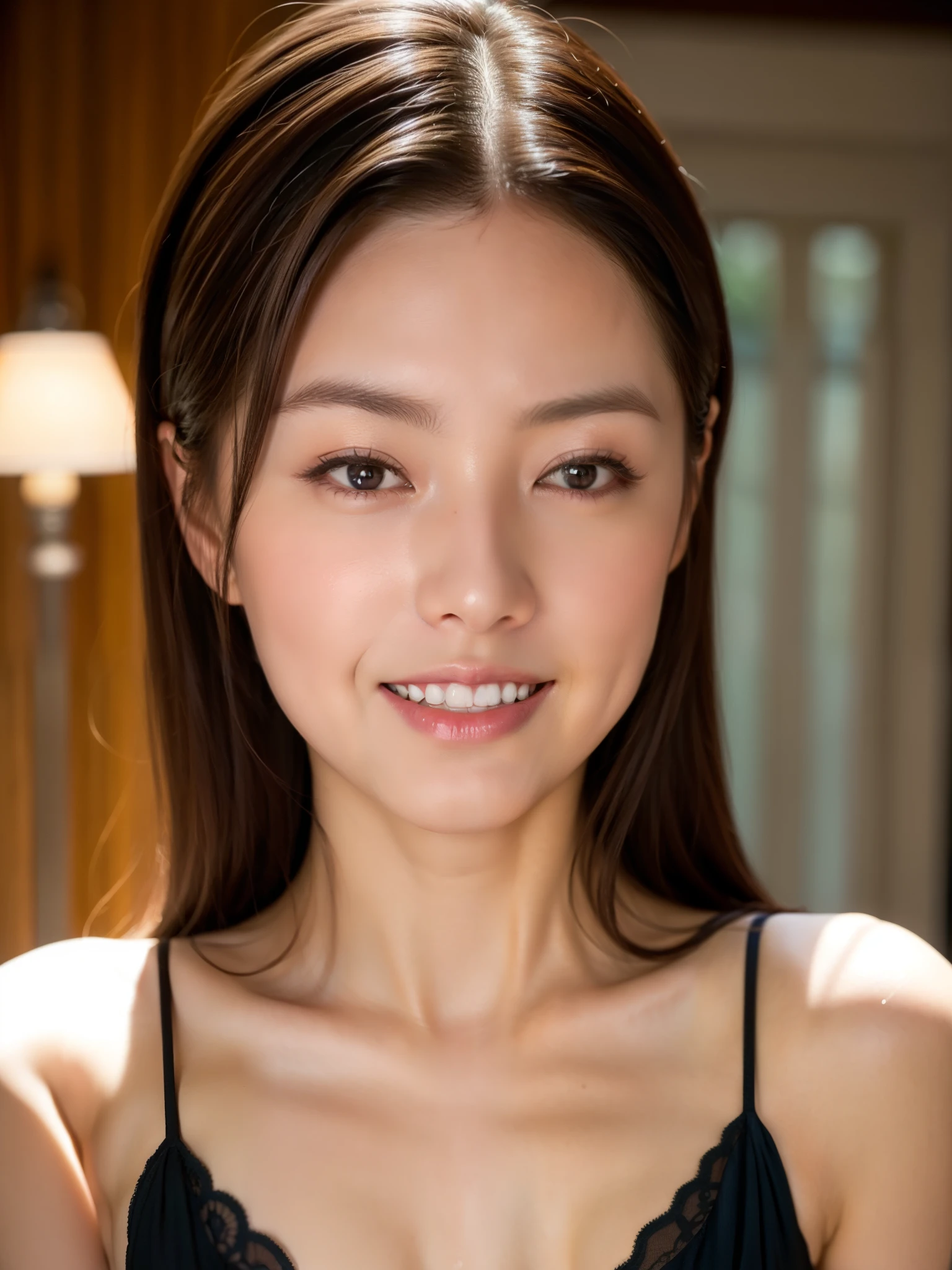 Beautiful 23 year old woman。she is wearing a satin camisole。Lace on the chest and hem.。She looks ecstatic as if she had an orgasm during sex..。her dark brown hair、、her hair is long。High resolution、masterpiece、highest quality、Head w:1.0、((Hasselblad Photos))、fine skin、fine knit、(movie lighting)、clavicle . she has her eyes closed but is smiling.