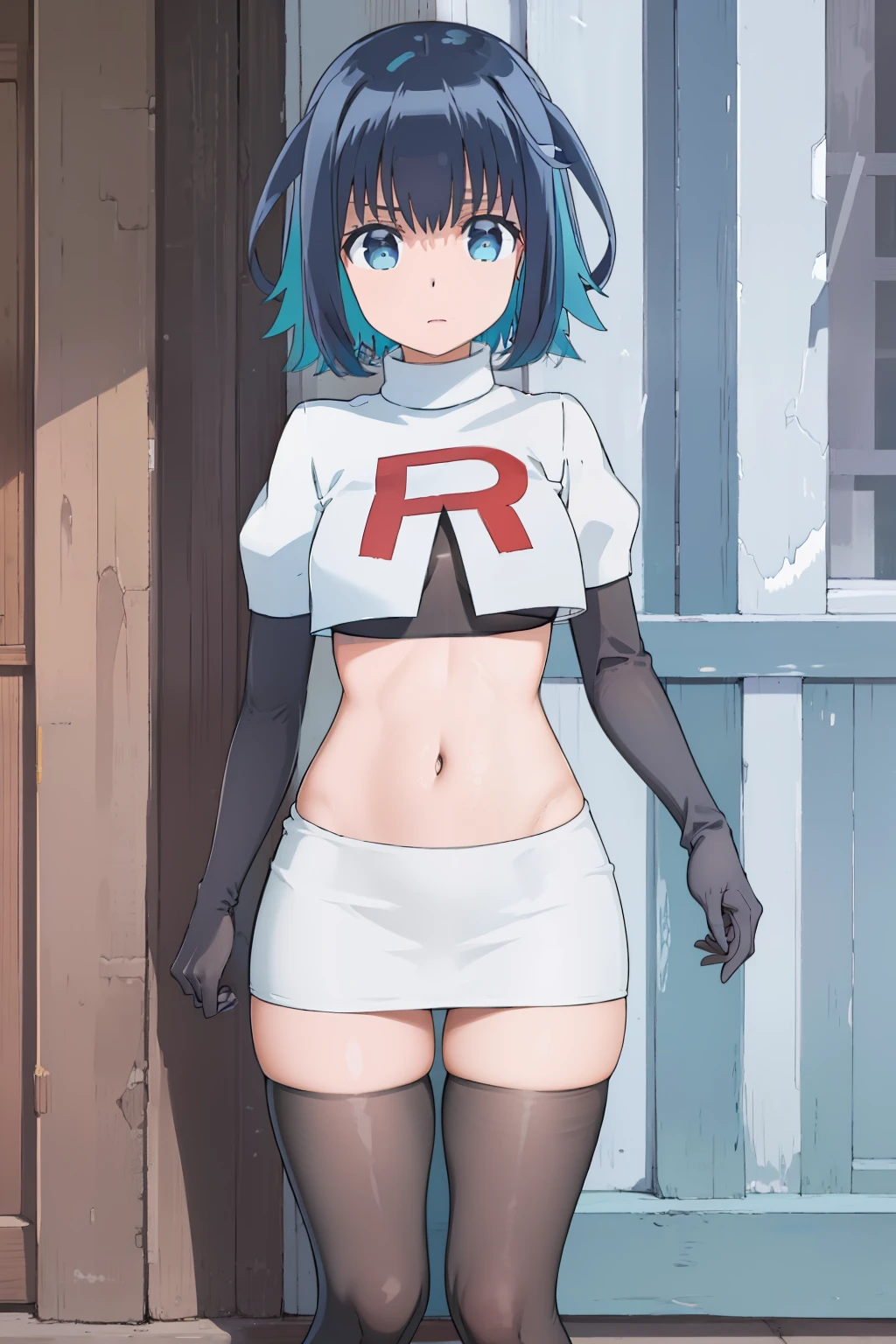 (extremely detailed CG unity 8k wallpaper),(masterpiece),(best quality),(ultra-detailed),(best illustration),(best shadow),(absurdres), Konoha, 1girl, solo, outdoors, looking at viewer, blue eyes, multicolored hair, short hair, blue hair, black hair, two-tone hair, bangs, virtual youtuber, colored inner hair, aqua hair, team rocket,team rocket uniform,white skirt,red letter R,crop top,black thigh-highs,black elbow gloves