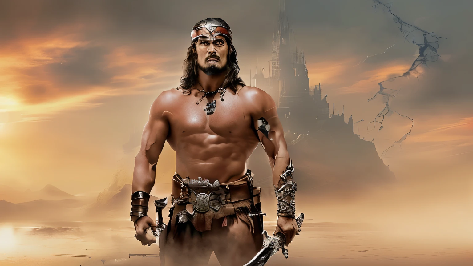 homem arafado com uma espada e uma espada na frente de um castelo, Conan, jason momoa as Conan, Conan the barbarian, portrait of Conan the barbarian, barbarian, jason momoa as assyrian, imagem de um guerreiro masculino adulto, Conan the barbarian illustration, barbarian warrior, Conan the destroyer 1 9 8 5, male barbarian, Schwarzenegger